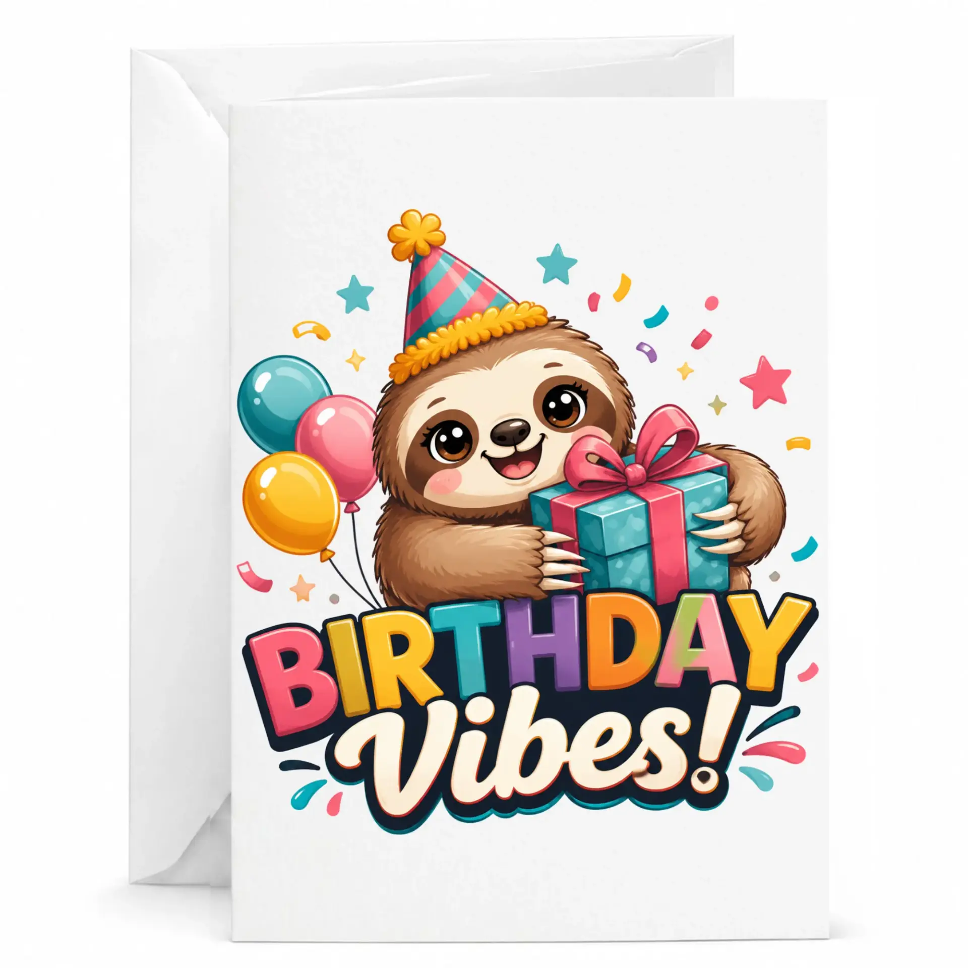 Birthday Card Cute Sloth Holding Gift Box Funny Birthday Vibes Greeting Card for Friends and Family Members