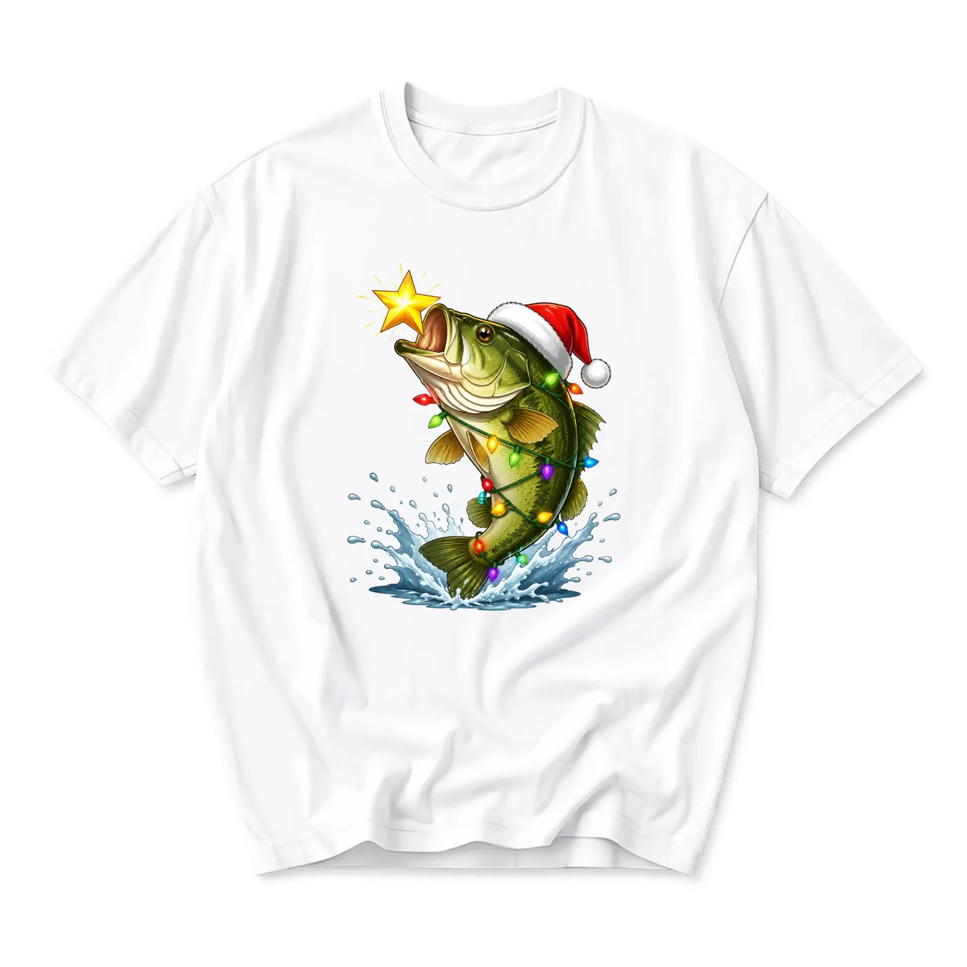 Graphic Tee Unisex Crew Neck Short Sleeve Shirt Featuring Festive Fish with Santa Hat and Holiday Lights