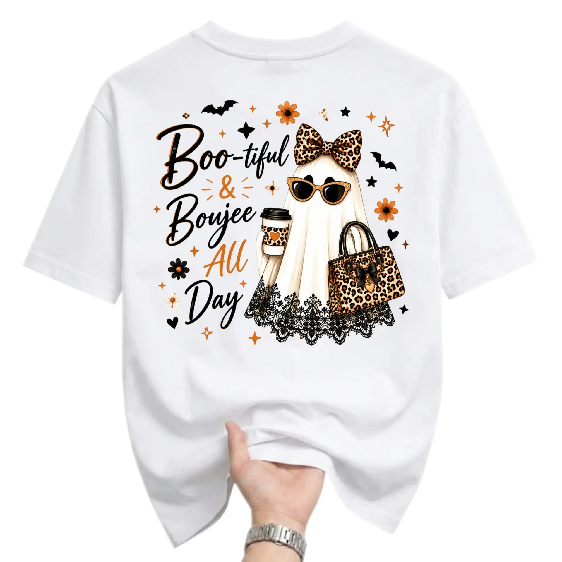 Funny Shirt Boo-Tiful and Boujee All Day Graphic Tee Cute Ghost Illustration Halloween Casual Unisex Crewneck Apparel