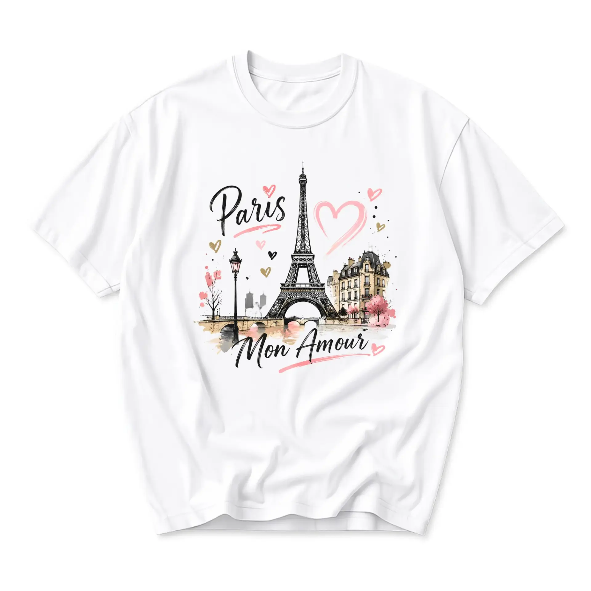 Graphic Tee Paris France Cityscape Illustration Romantic Watercolor Art Print Unisex Casual Crew Neck T-Shirt