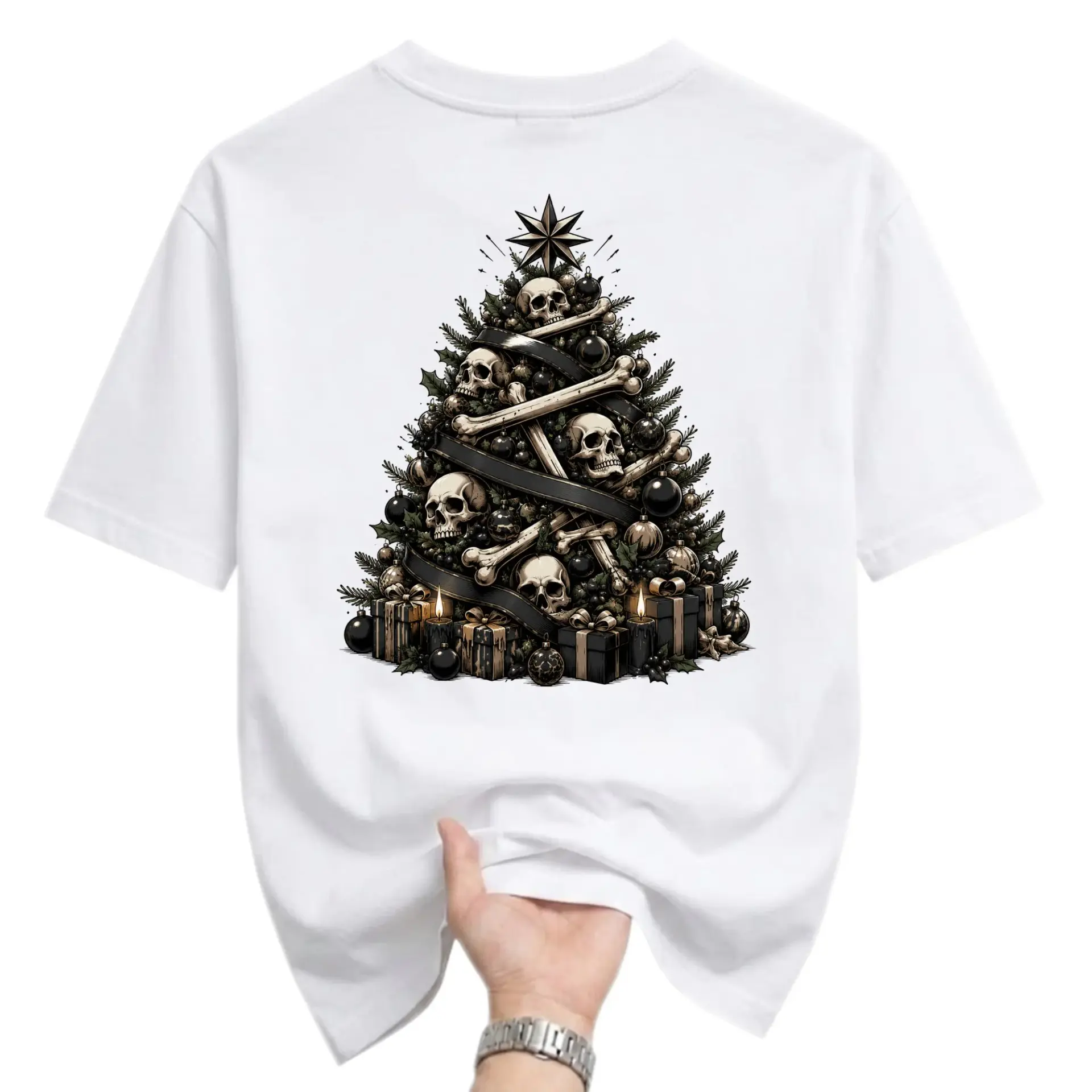 Graphic Tee Unisex Christmas Tree Skull Illustration Gothic Holiday Crew Neck Casual Short Sleeve Apparel White