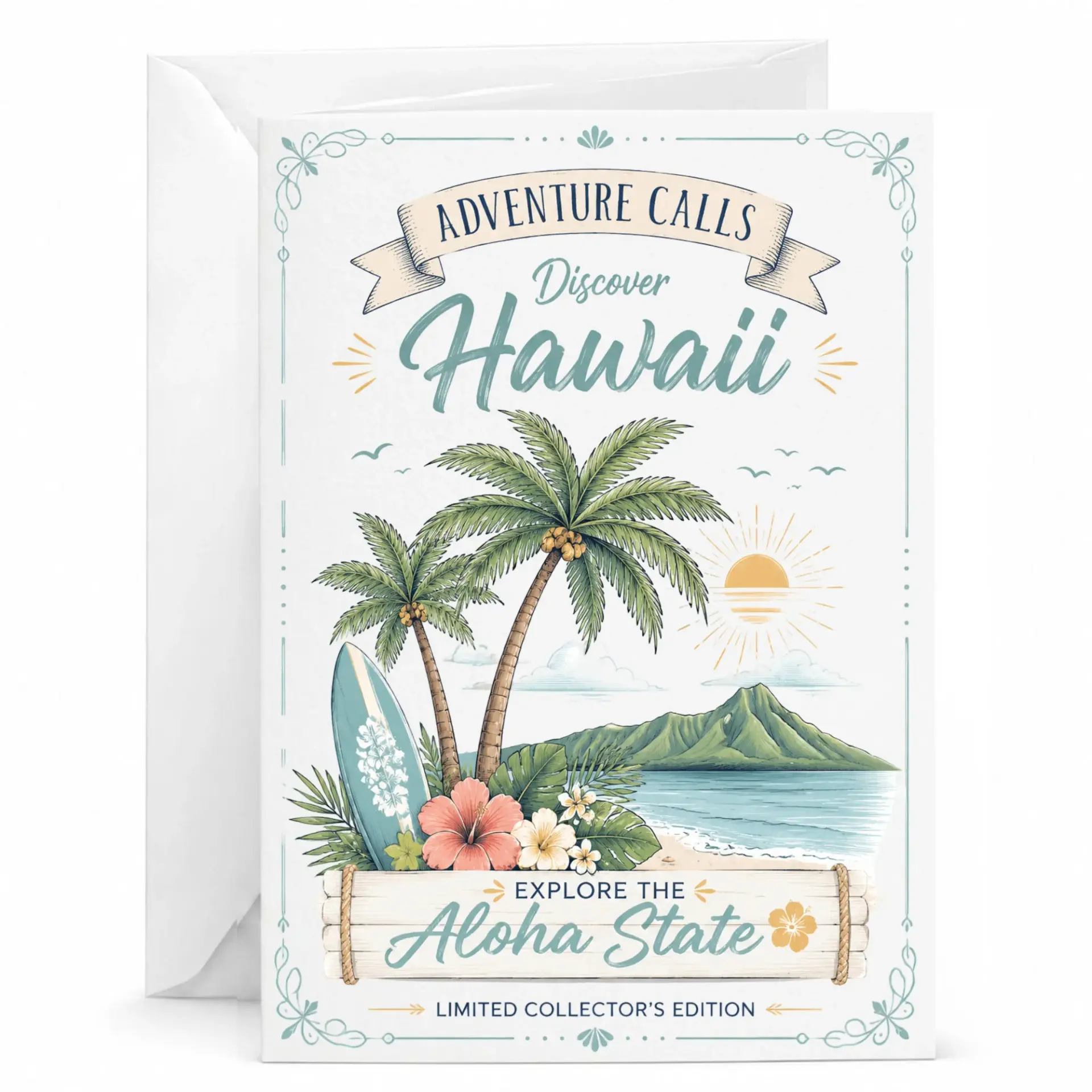 Greeting Card Adventure Calls Discover Hawaii Tropical Travel Theme Flat Note Card with Matching White Envelope