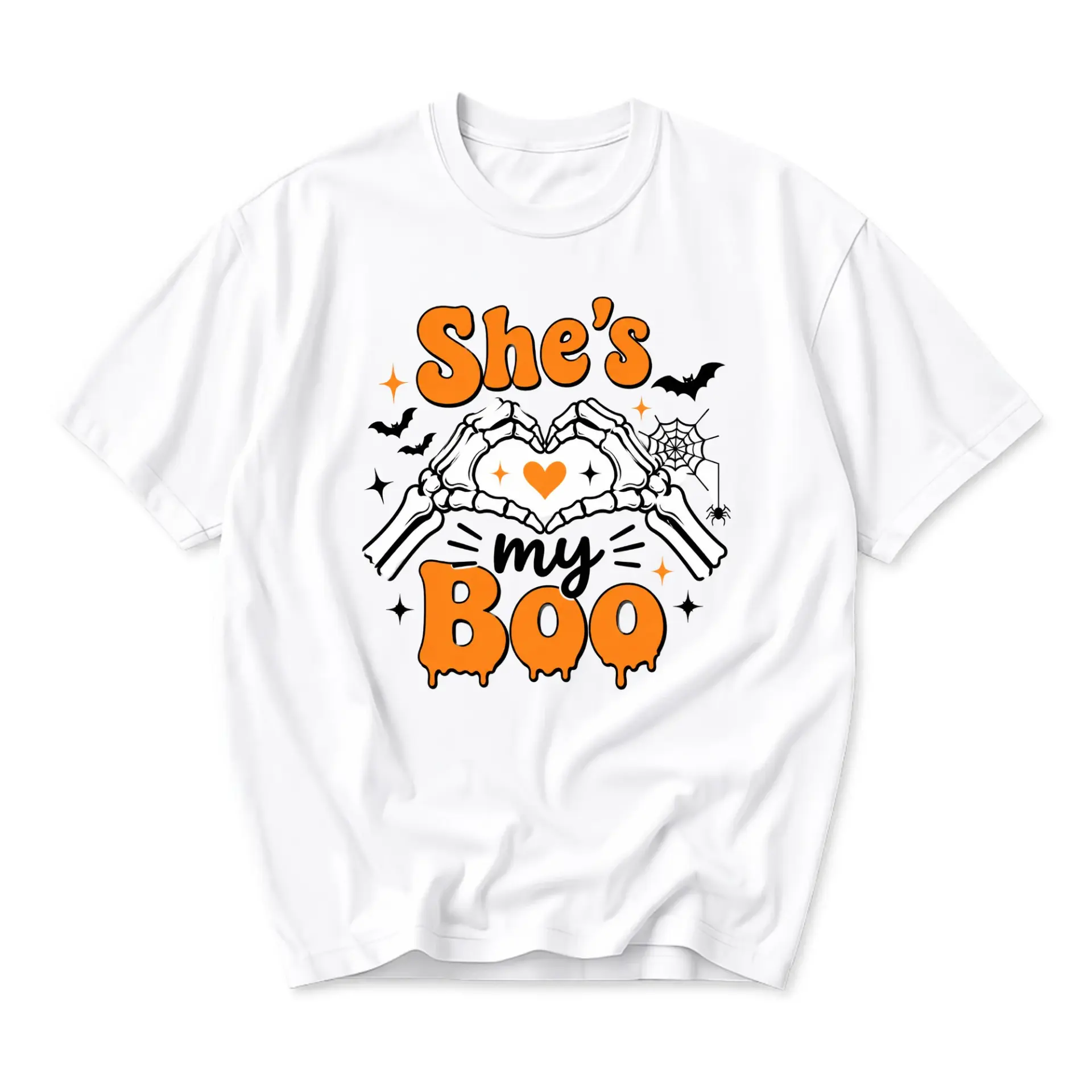 Funny Shirt She's My Boo Skeleton Hands Heart Halloween Graphic Tee Unisex Casual Short Sleeve Crew Neck Top