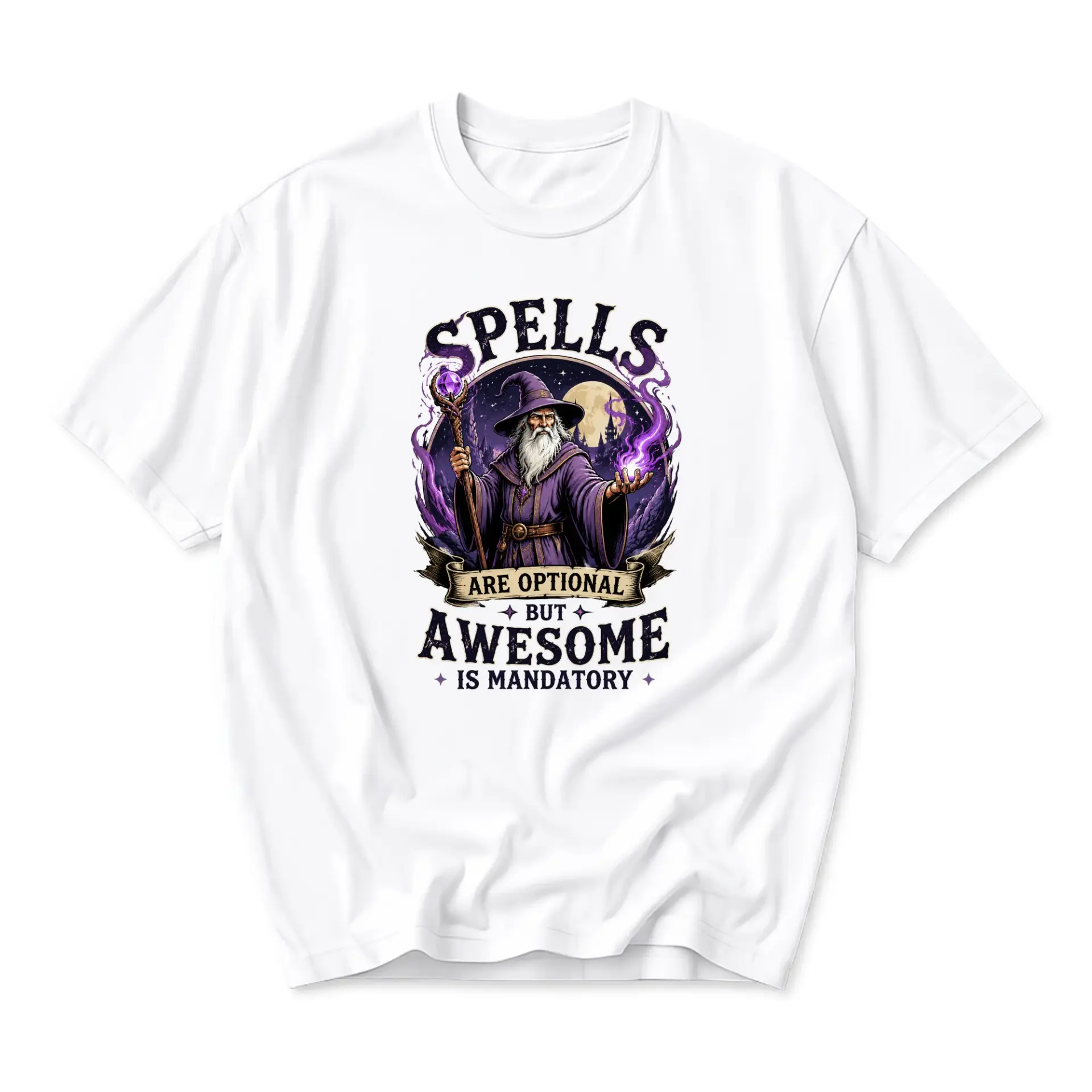 Funny Shirt Spells Are Optional but Awesome Is Mandatory Wizard Graphic Tee Unisex Casual Cotton Crew Neck T-Shirt