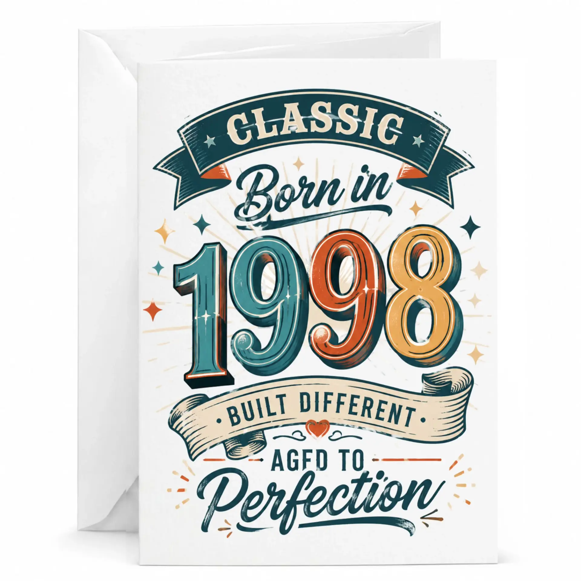Birthday Card Born in 1998 Vintage Style Greeting Card for Birthday Milestone Celebration with Included White Envelope
