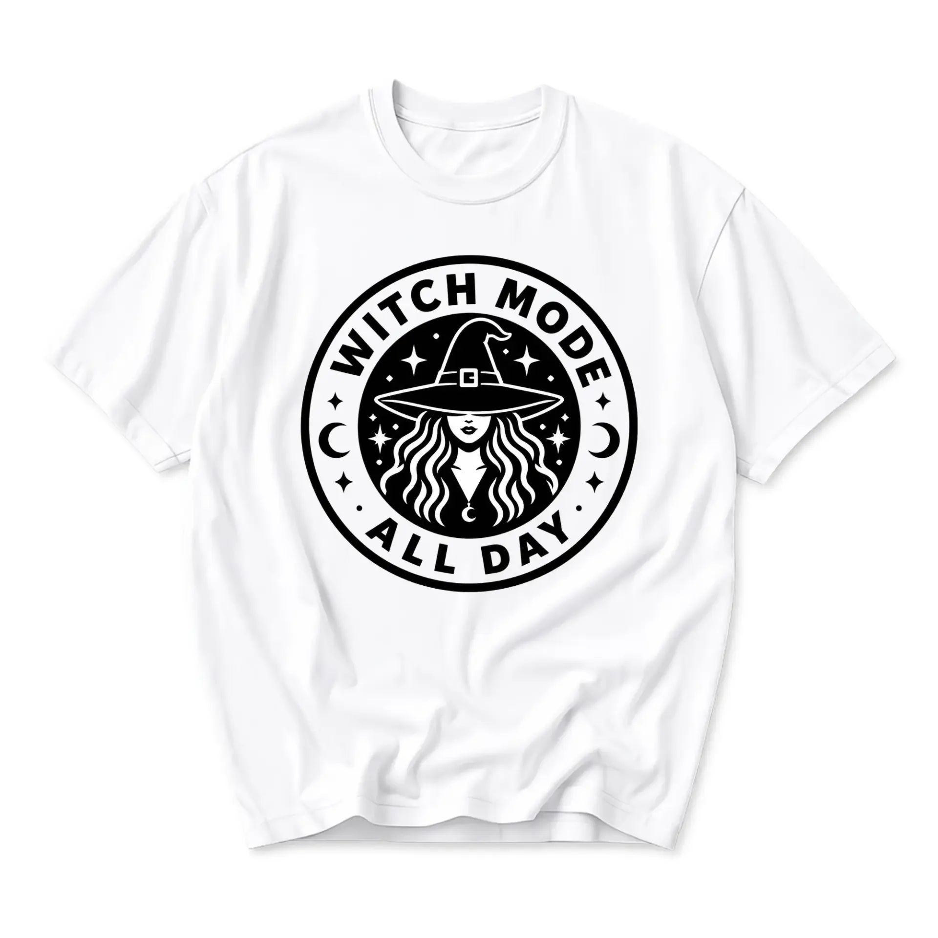 Graphic Tee Witch Mode All Day Unisex Short Sleeve Crew Neck Cotton Casual T-Shirt for Everyday Apparel and Style