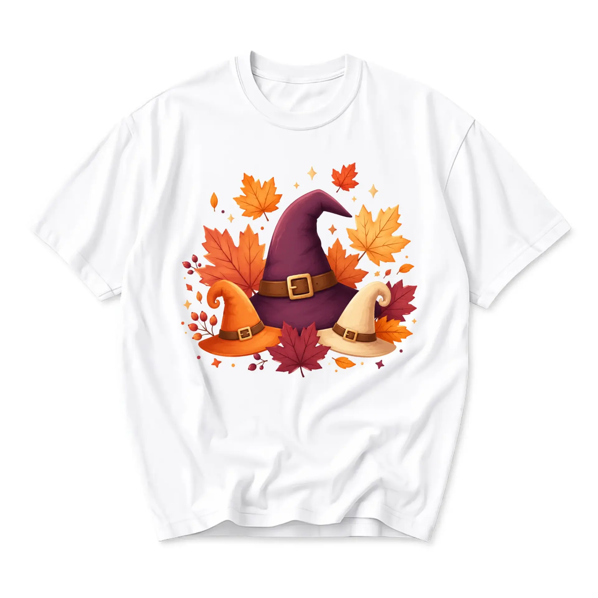 Graphic Tee Unisex Crew Neck T-Shirt Featuring Whimsical Fall Witch Hats and Colorful Autumn Maple Leaves