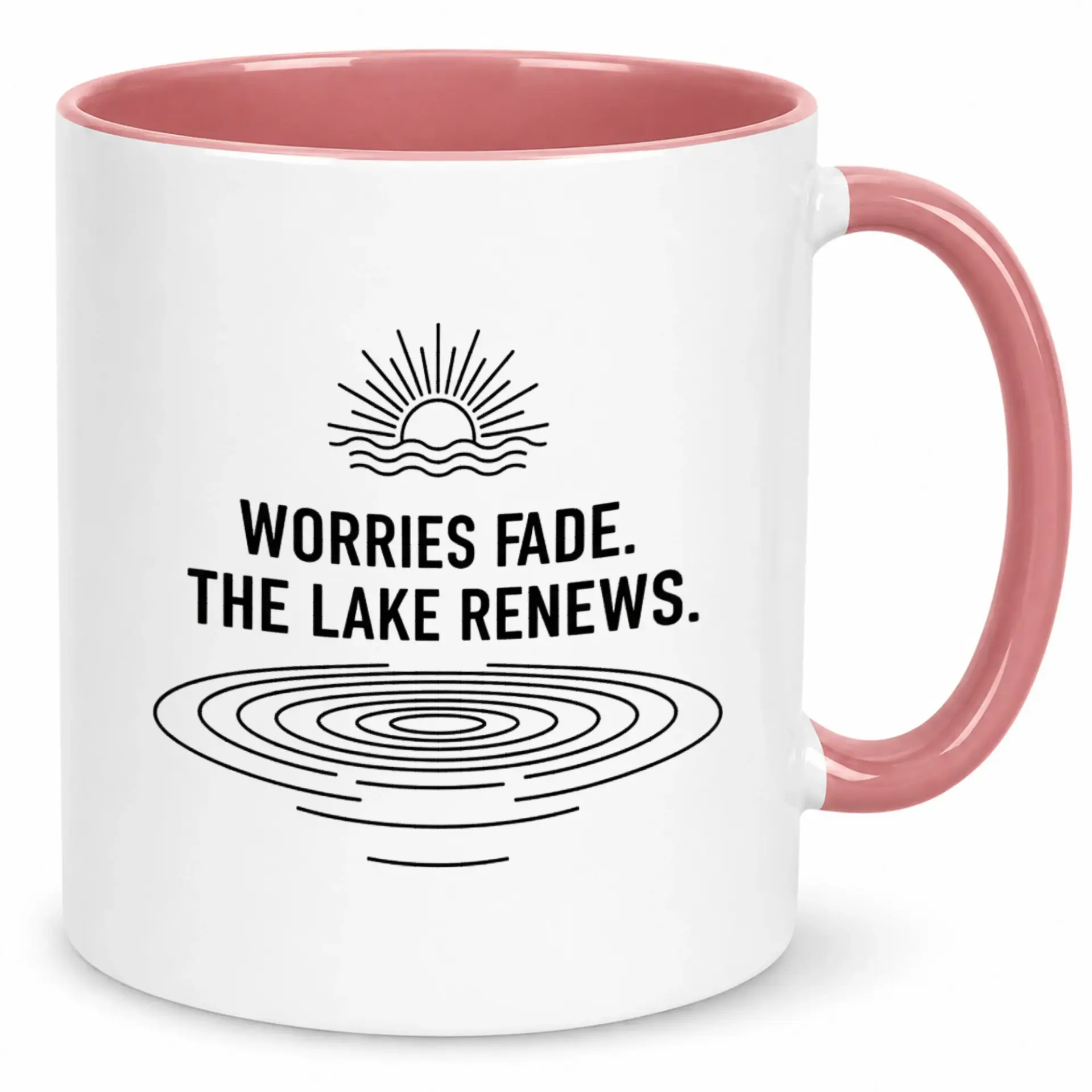 Ceramic Coffee Mug with Inspirational Lake and Sun Design, "worries Fade. the Lake Renews." Outdoor Nature Lover Beverage Cup Gift
