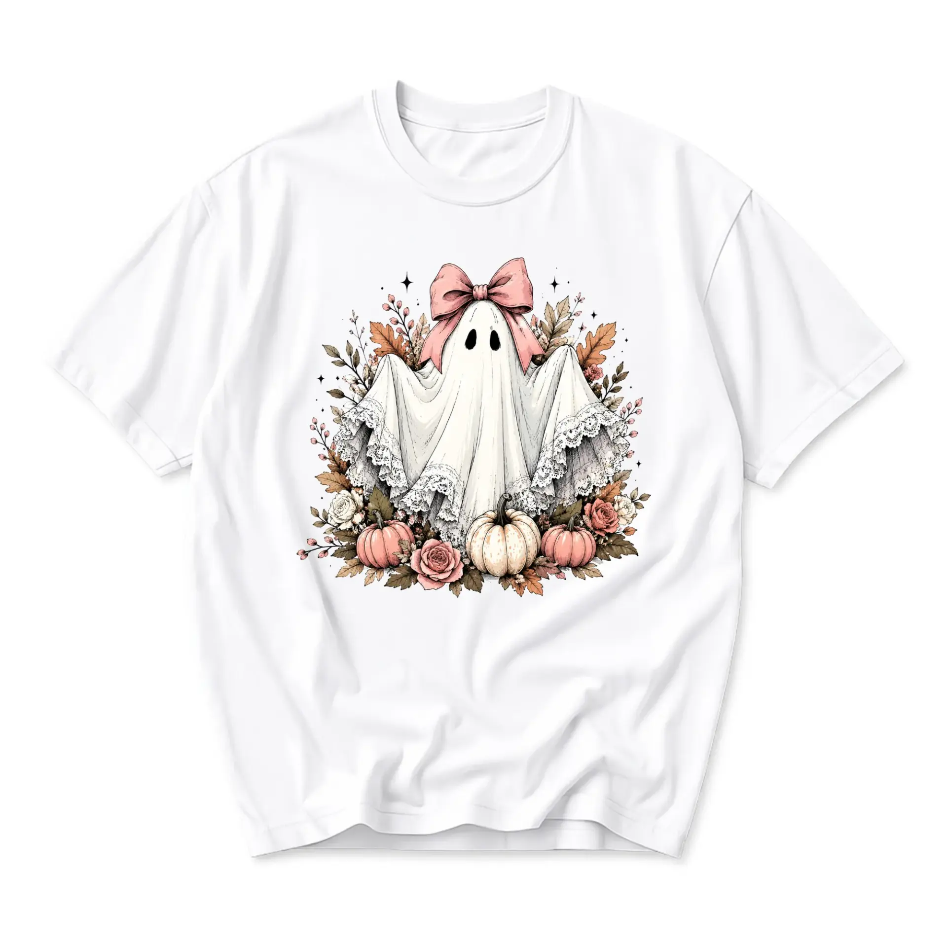 Graphic Tee Cute Ghost Wearing Pink Bow with Pumpkins and Flowers Aesthetic Fall Season Unisex Casual Crew Neck Shirt