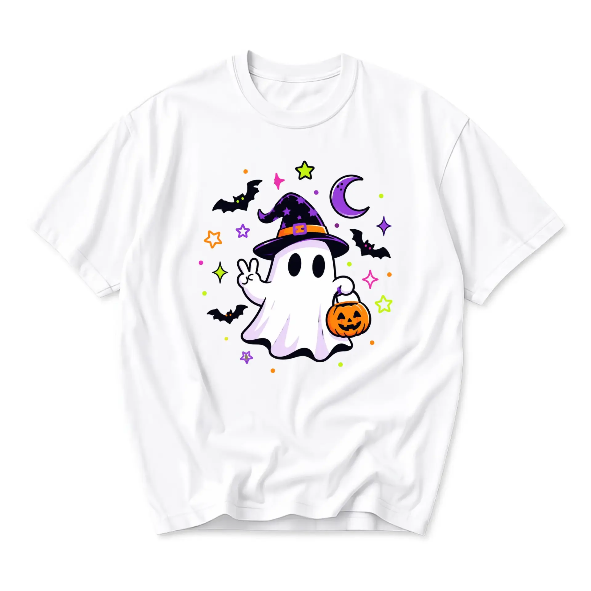 Graphic Tee Cute Ghost Witch Halloween T-Shirt Funny Seasonal Spooky Party Apparel for Men and Women Casual Crew Neck