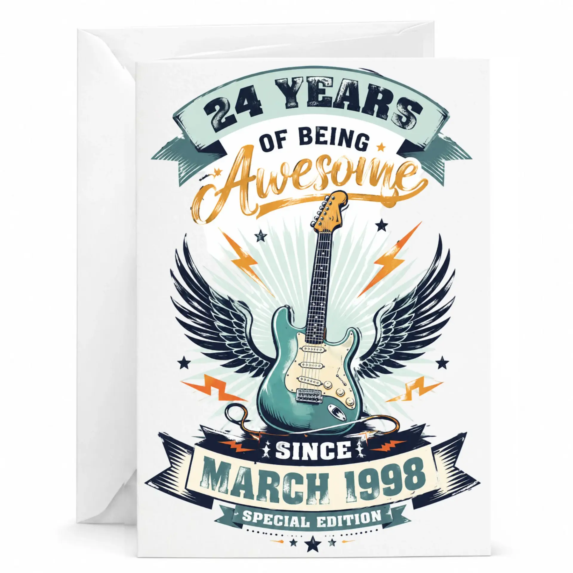 Birthday Card 24 Years of Being Awesome Since March 1998 Vintage Rock Guitar Design Professional Greeting Card