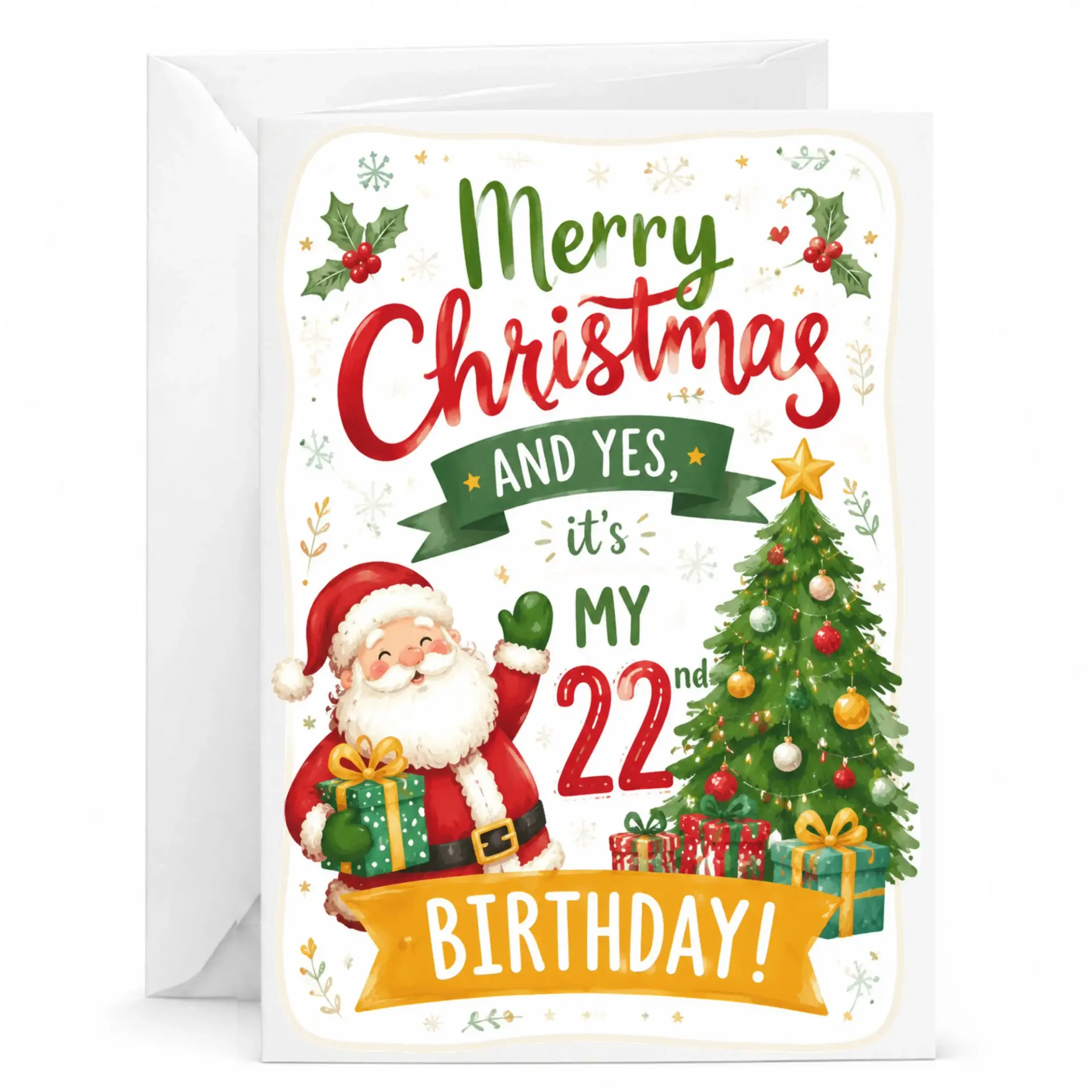 Funny Christmas Birthday Card, Holiday Birthday Greeting Card for December Birthdays with Decorative Santa Illustration