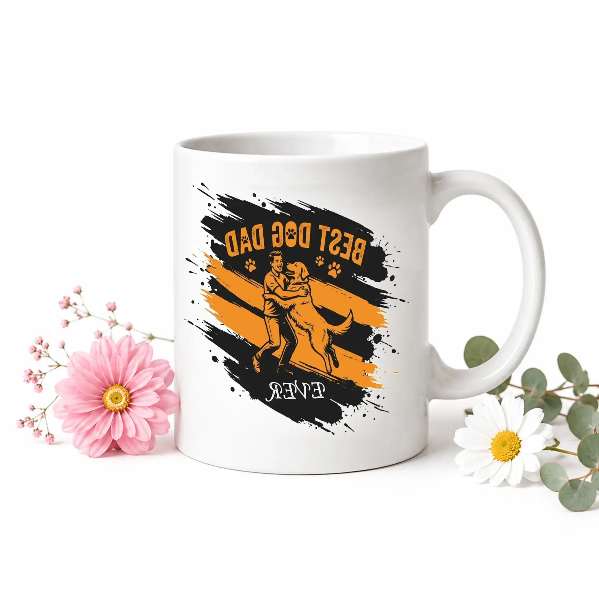 Best Dog Dad Ever Two Ceramic Coffee Mug for Featuring Artistic Illustration of Man Hugging His