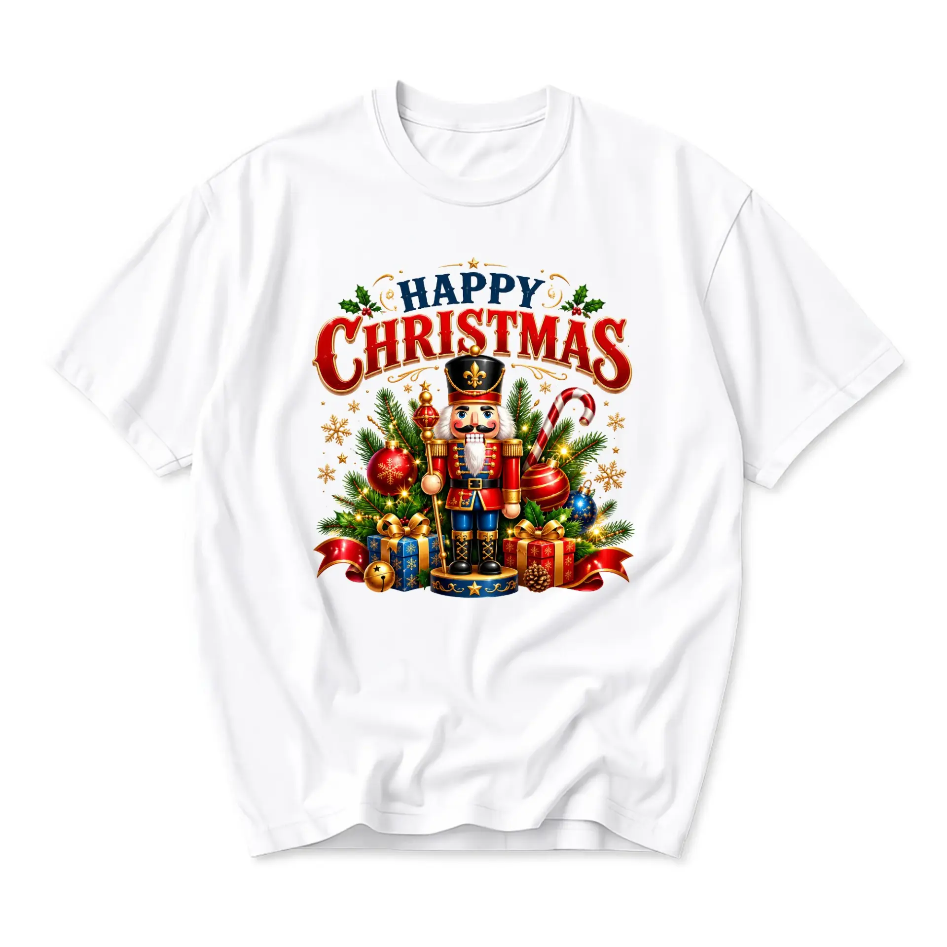 T-shirt Happy Christmas Nutcracker Graphic Tee Festive Holiday Crew Neck Unisex Short Sleeve Casual Everyday Apparel