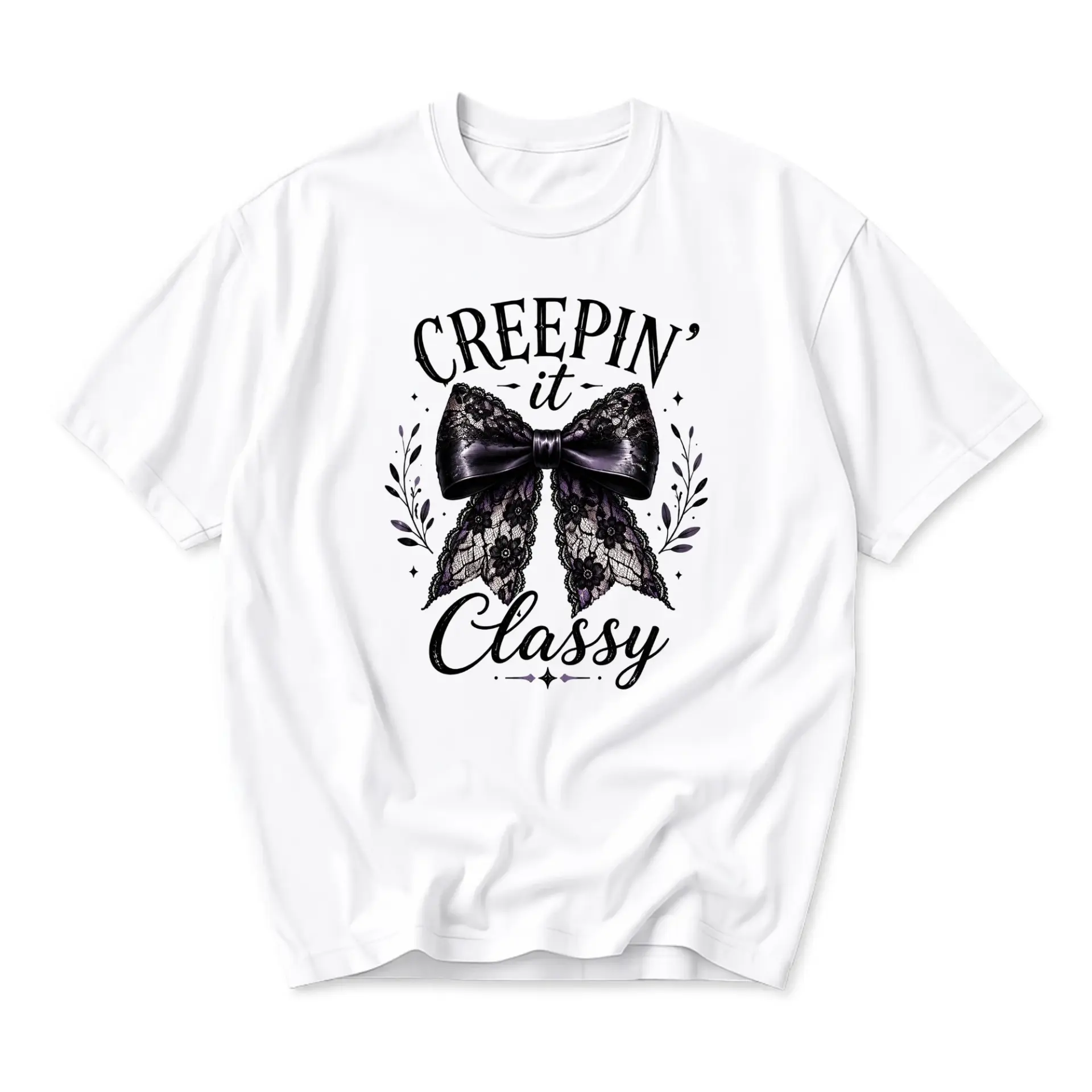 Graphic Tee Creepin It Classy Bow Design Unisex Crew Neck Soft Cotton Blend Casual Everyday Short Sleeve Shirt