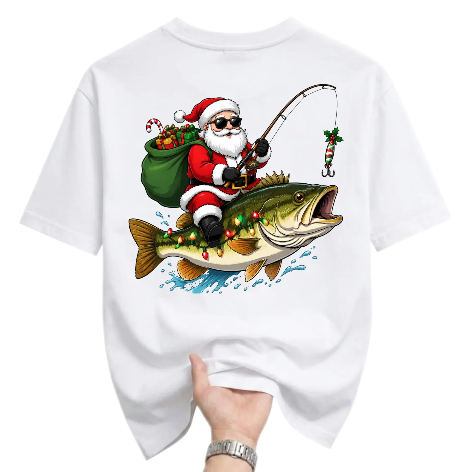 Funny Shirt Fishing Santa Graphic Tee Holiday Fisherman Gift Unisex Cotton Crew Neck Casual Summer Short Sleeve Top
