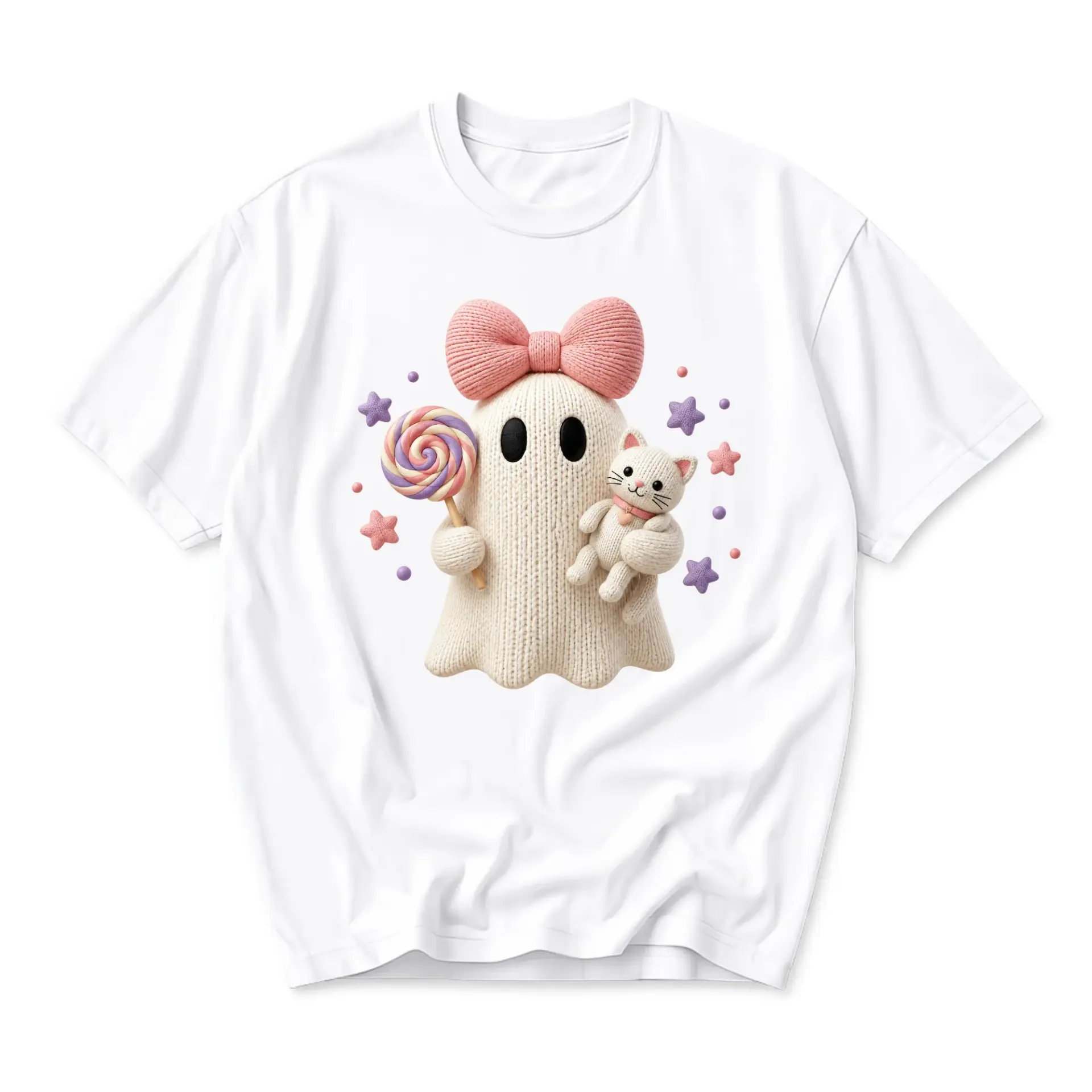 Graphic Tee Unisex Knit Ghost Shirt with Bow and Cat Holding Lollipop Cute Aesthetic Apparel for Casual Everyday Wear