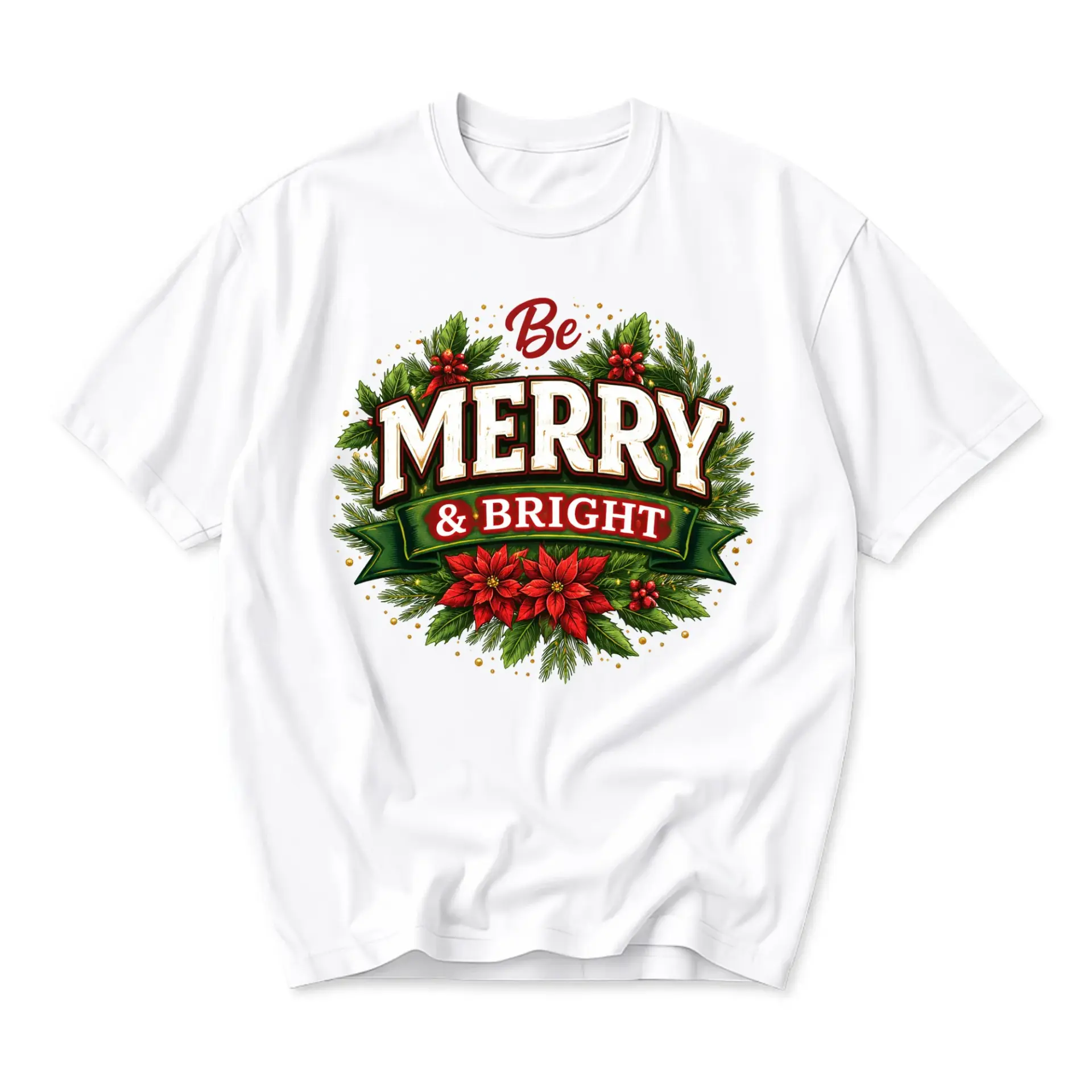 Graphic Tee Be Merry and Bright Holiday Wreath Design Unisex Crew Neck Short Sleeve Cotton Casual Shirt White