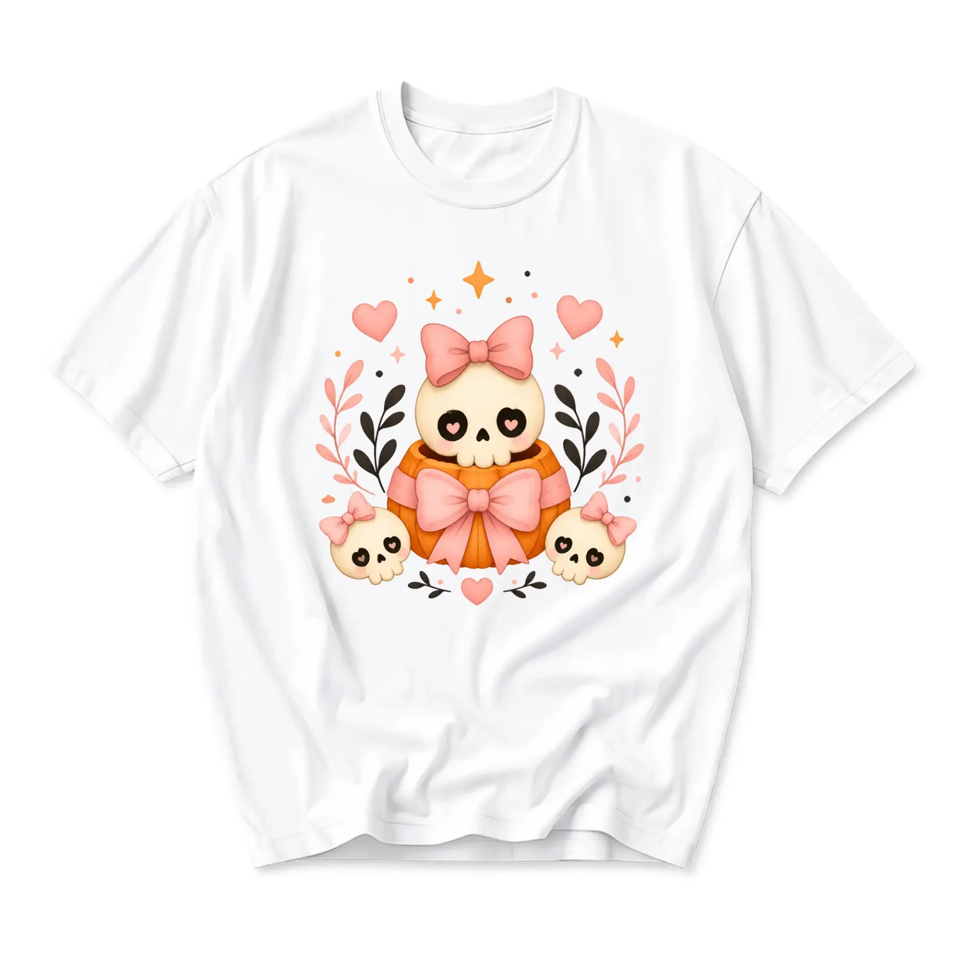 Graphic Tee Cute Skulls and Pumpkin Illustration Unisex Crew Neck Soft Cotton Casual Apparel for Everyday Style