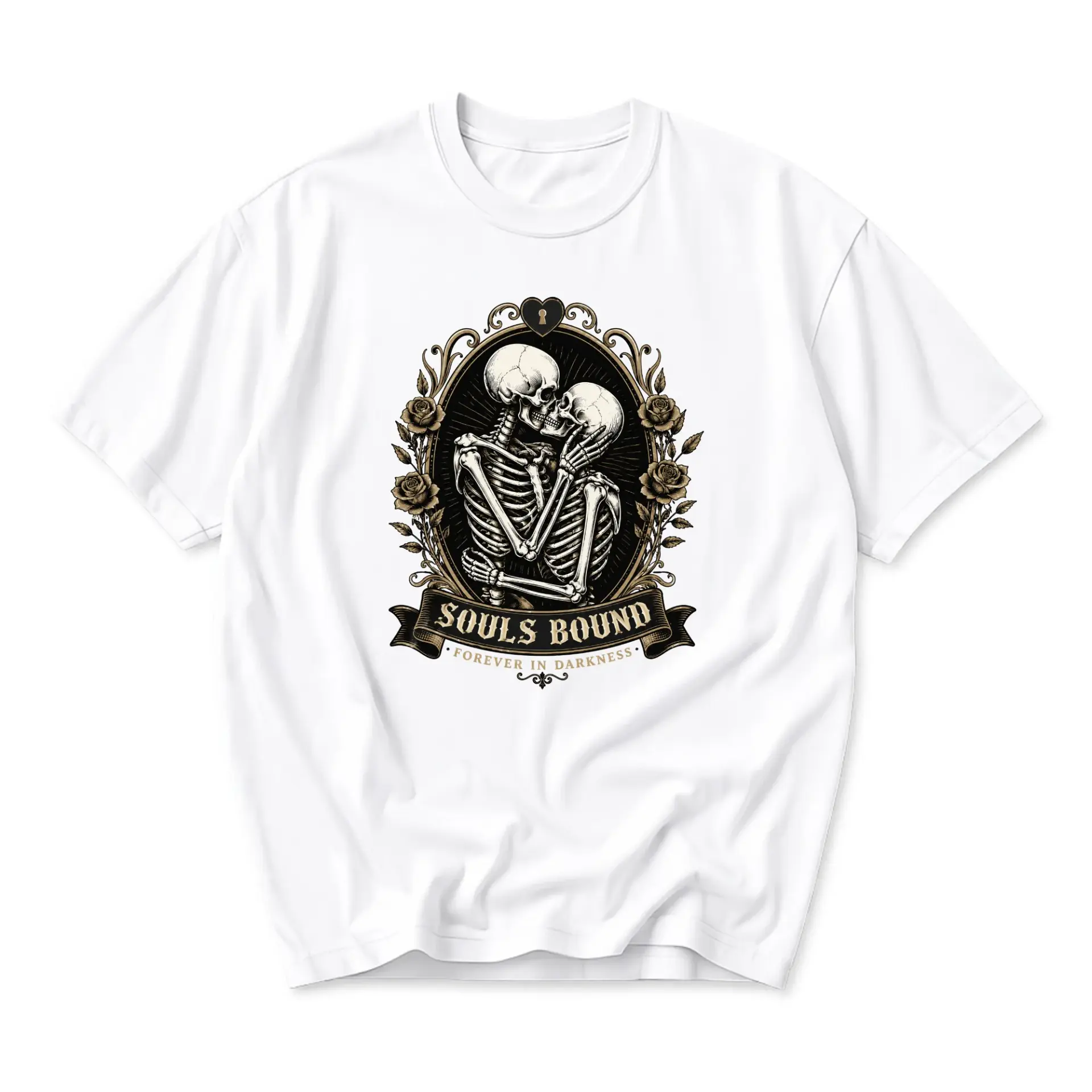 Graphic Tee Souls Bound Skeleton Lovers Print Unisex Crew Neck T-Shirt Romantic Gothic Illustration Casual Top