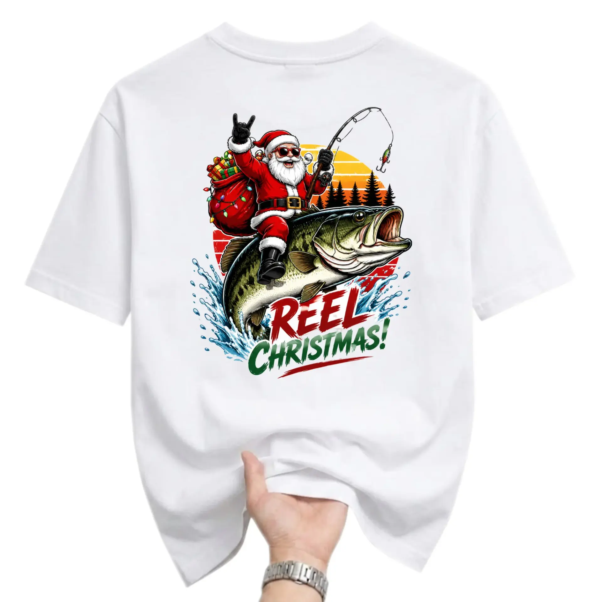 Funny Shirt Reel Christmas Fishing Santa Graphic Tee Unisex Casual Apparel