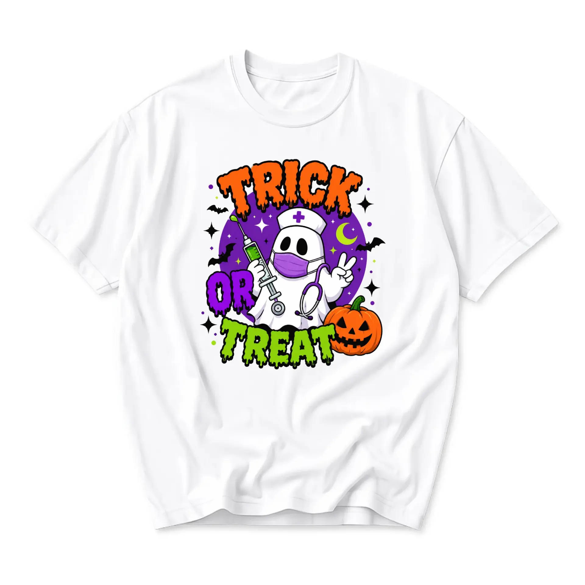 Graphic Tee Trick or Treat Ghost Nurse Unisex T-Shirt Halloween Medical Professional Costume Short Sleeve Shirt