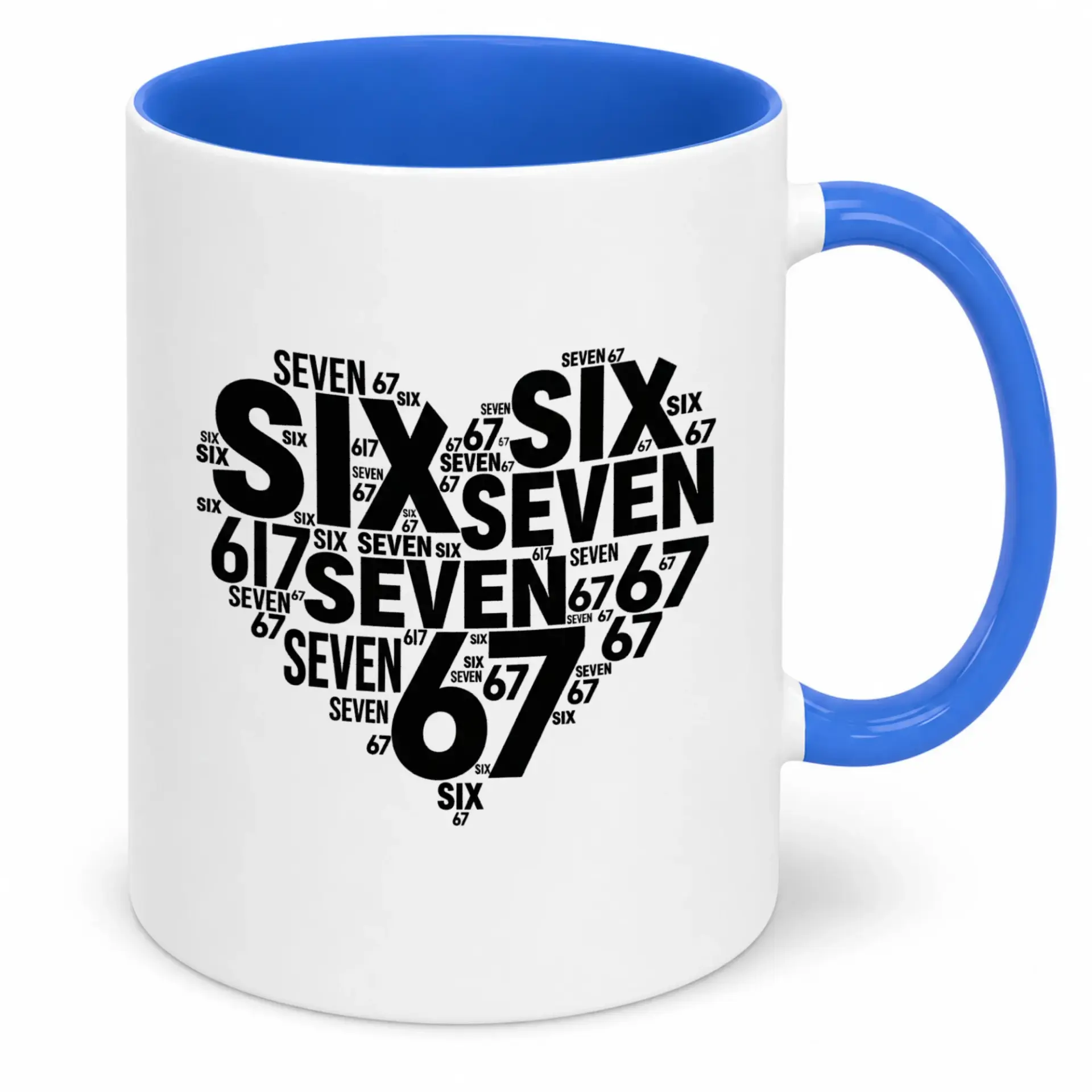 Number Six Seven Sixty-Seven Six-Seventeen Word Art Ceramic Coffee Mug, Unique Heart Shaped Text Design Drinkware for Home & Office