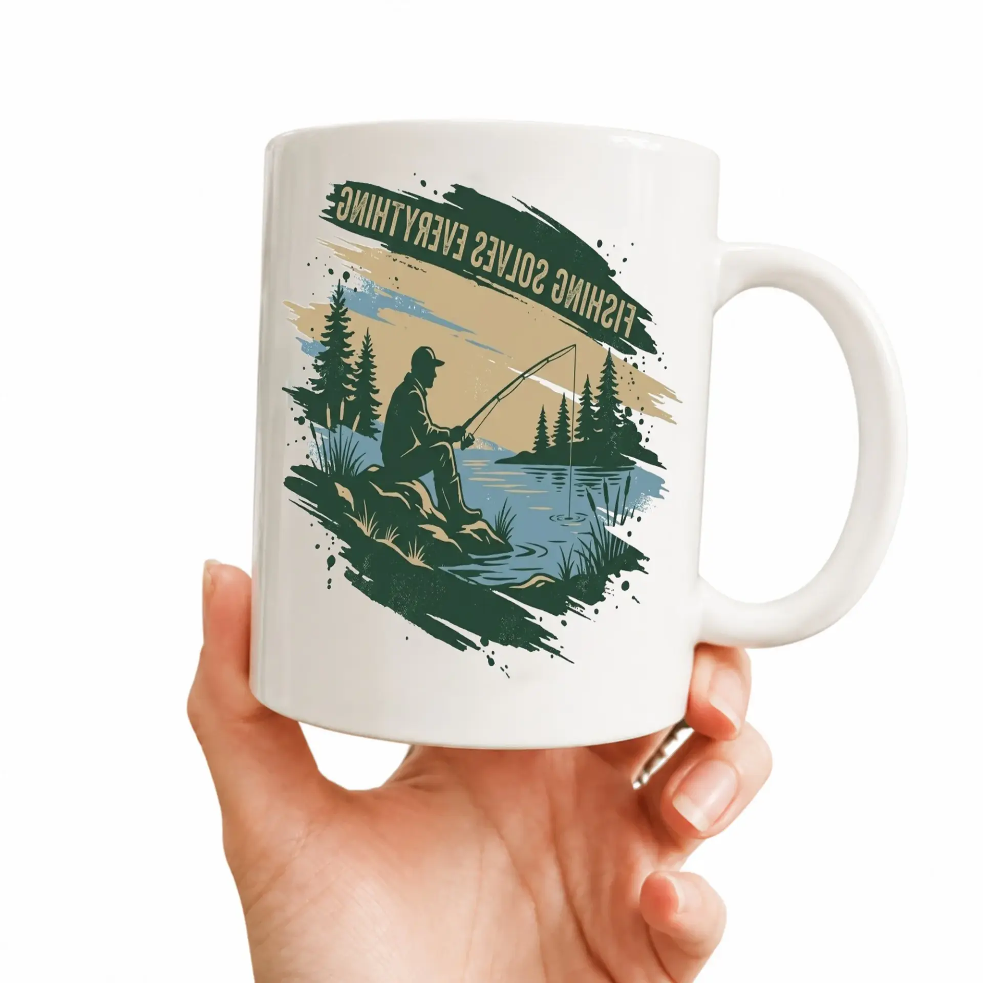 Fishing Solves Everything Two Ceramic Mug for Outdoor Enthusiasts and Anglers Who Enjoy Nature Themed Drinkware