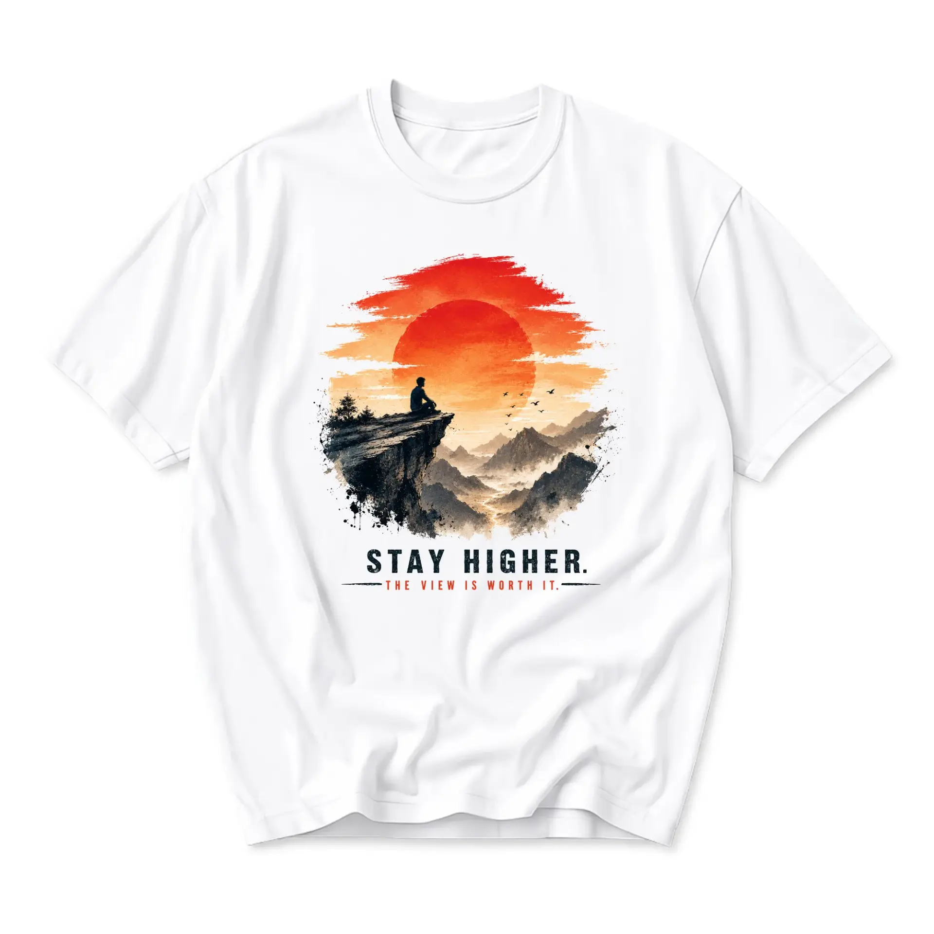 Graphic Tee Stay Higher Mountain Sunset Unisex Crew Neck T-Shirt Outdoor Adventure Style Apparel for Daily Wear