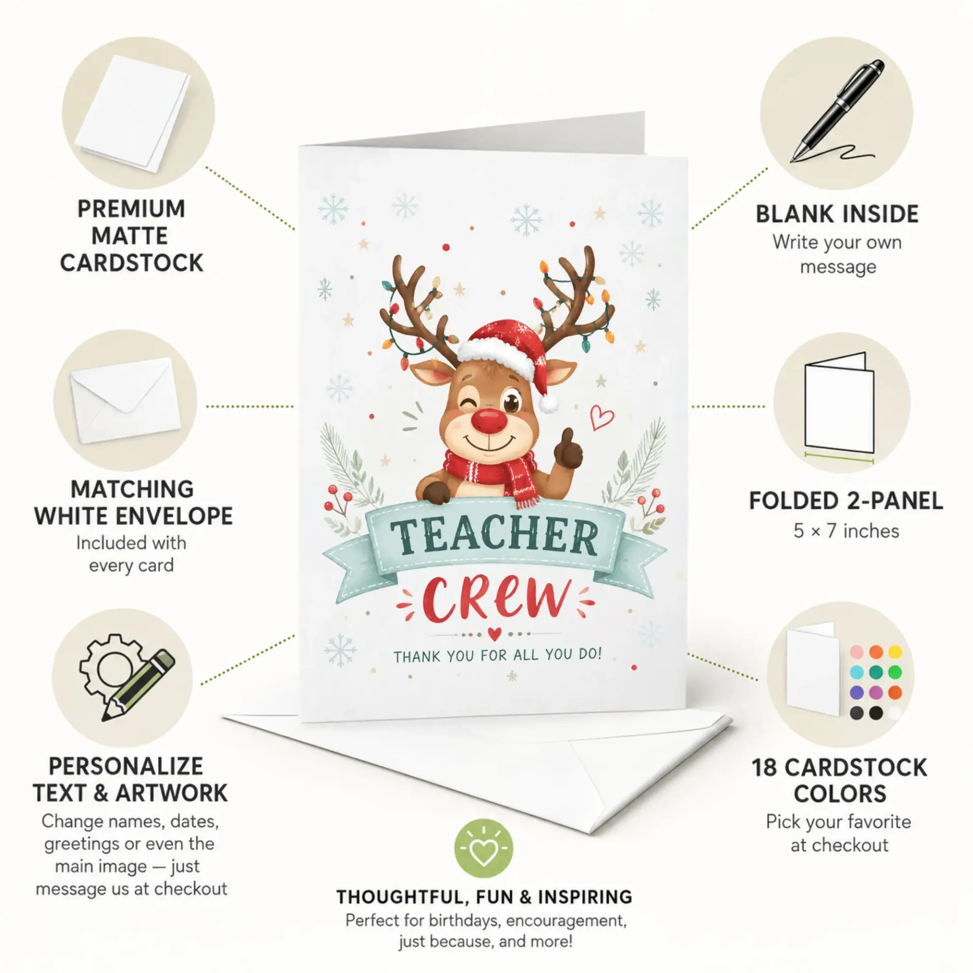 Thank You Card Teacher Crew Reindeer Illustration Holiday Greeting Card for Educators and Staff Professional Appreciation