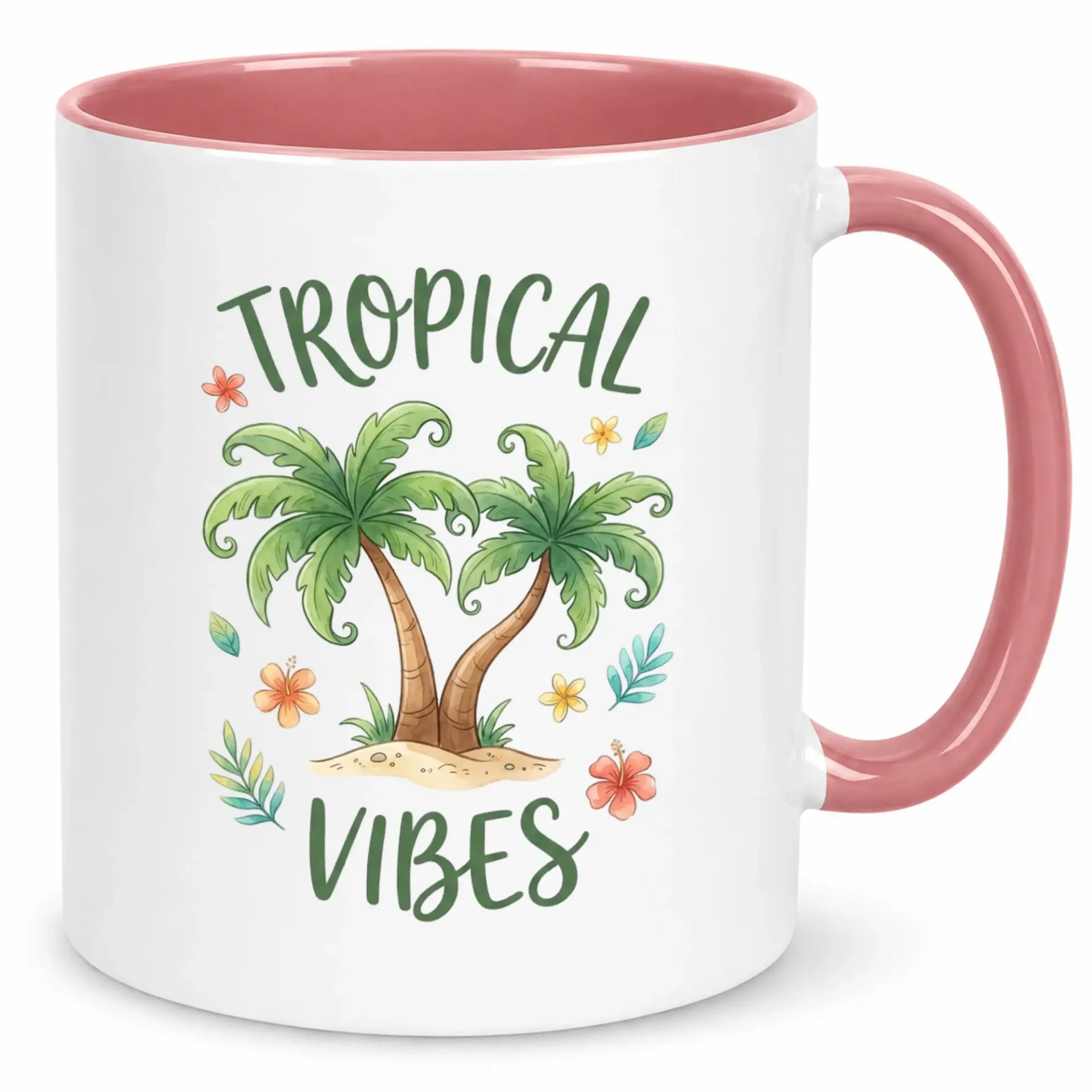 Tropical Vibes Ceramic Coffee Mug with Palm Tree and Floral Design, 11oz 15oz White Drinkware, Fun Gift for Beach Lovers