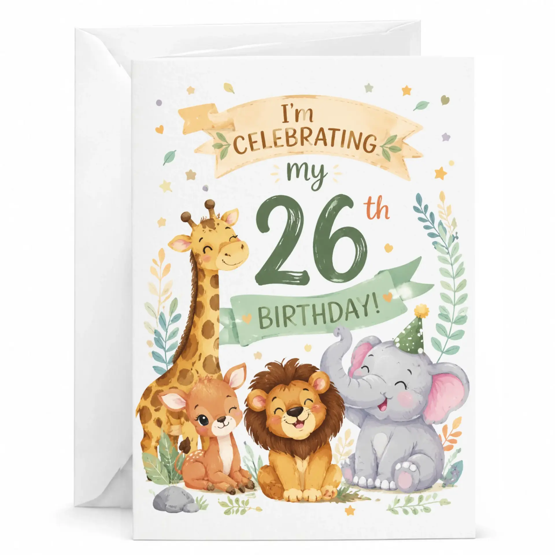 Birthday Card Celebrating My 26th Birthday Featuring Cute Safari Animal Illustrations on Premium Heavyweight Cardstock