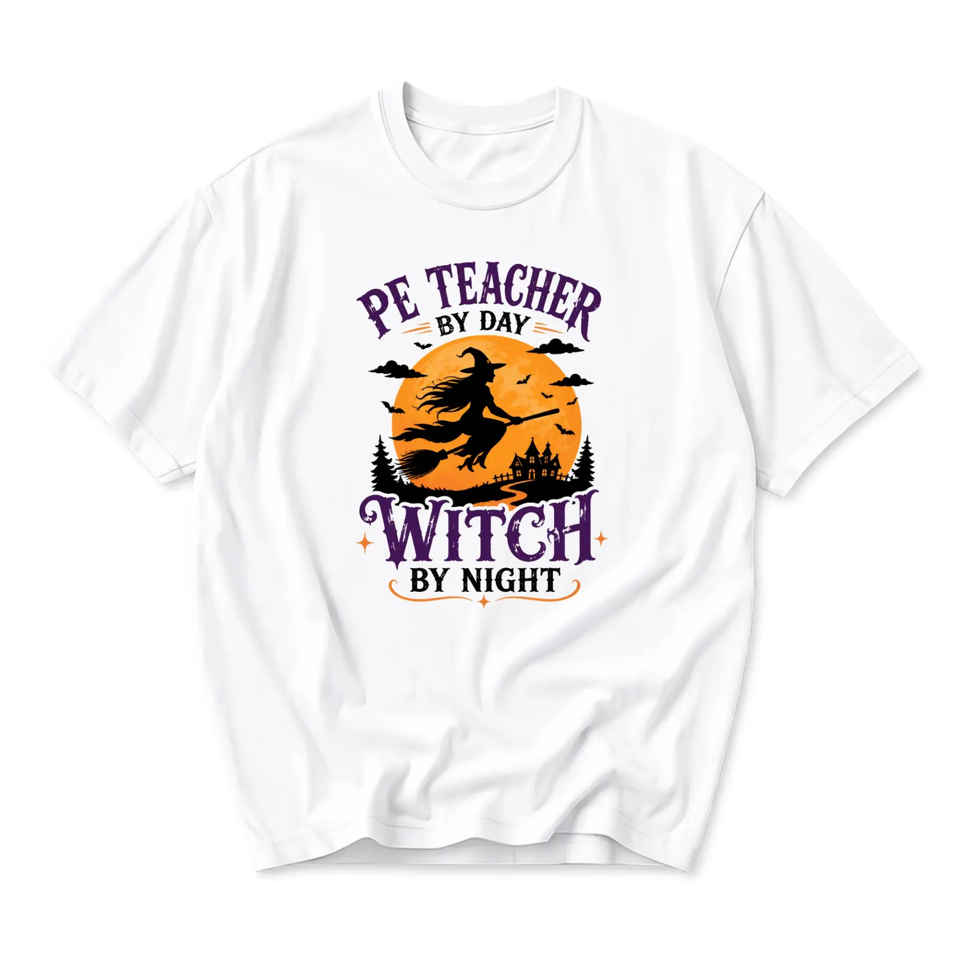 Funny Shirt Pe Teacher by Day Witch by Night Graphic Tee Unisex Crew Neck Apparel for Educators and Holiday Enthusiasts