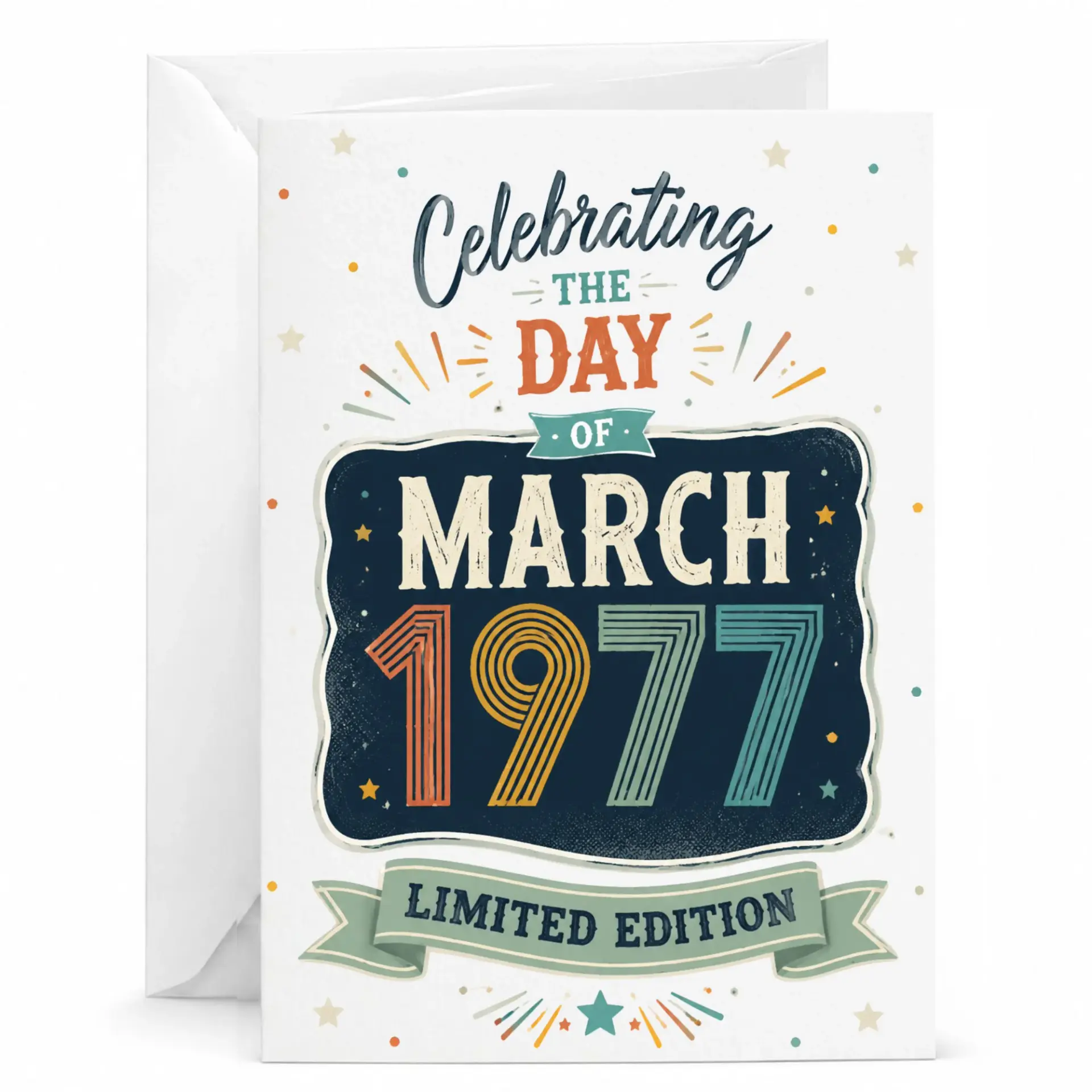 Birthday Card Celebrating the Day of March 1977 Limited Edition Retro Style Greeting Card with Envelope