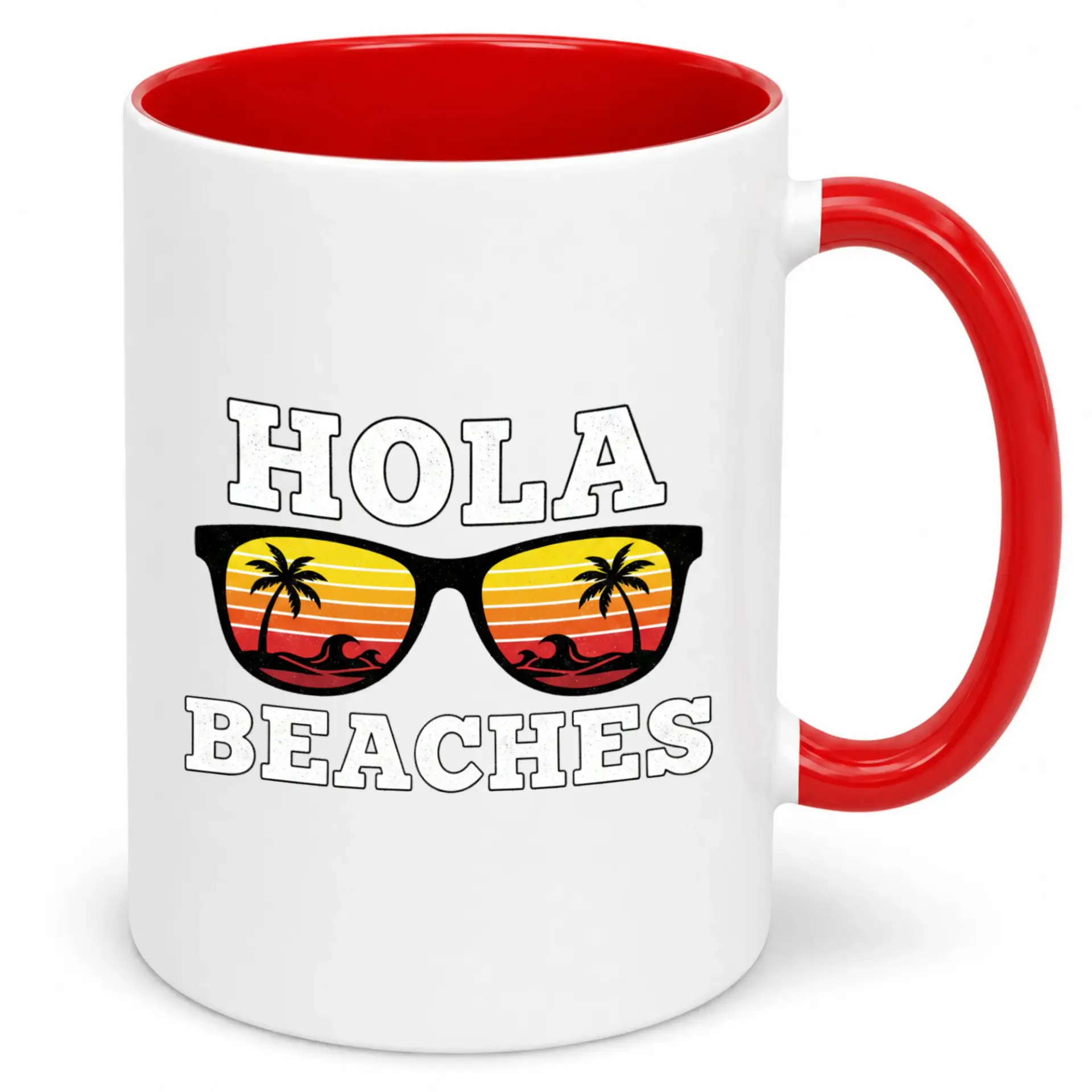 Funny Beach Themed Coffee Mug Hola Beaches Tropical Sunset Ceramic Cup Vacation Novelty Drinkware Gift for Travel Lovers