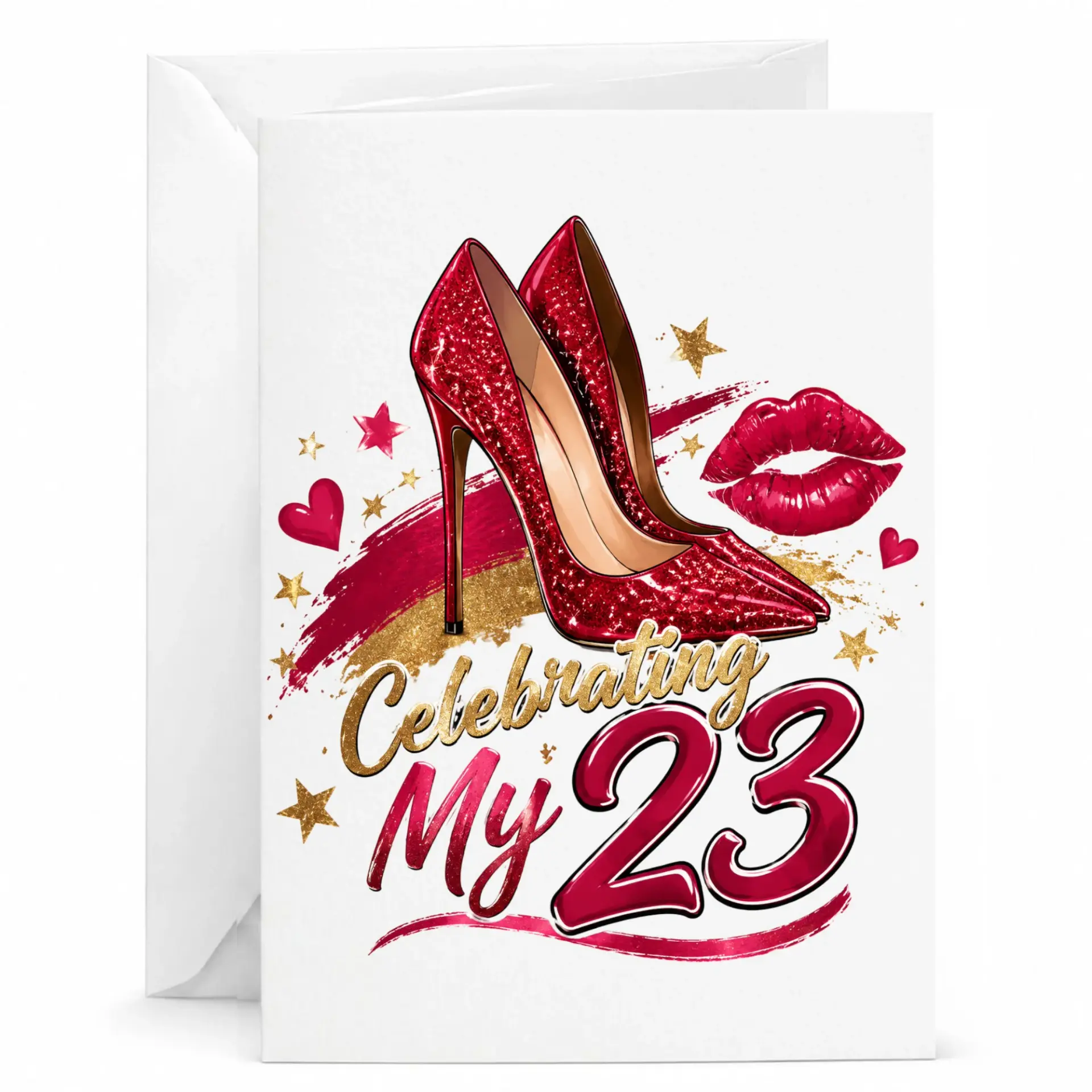 Birthday Card Celebrating My 23 Red High Heels Glamorous Fashion Illustration 5x7 Folded Greeting Card