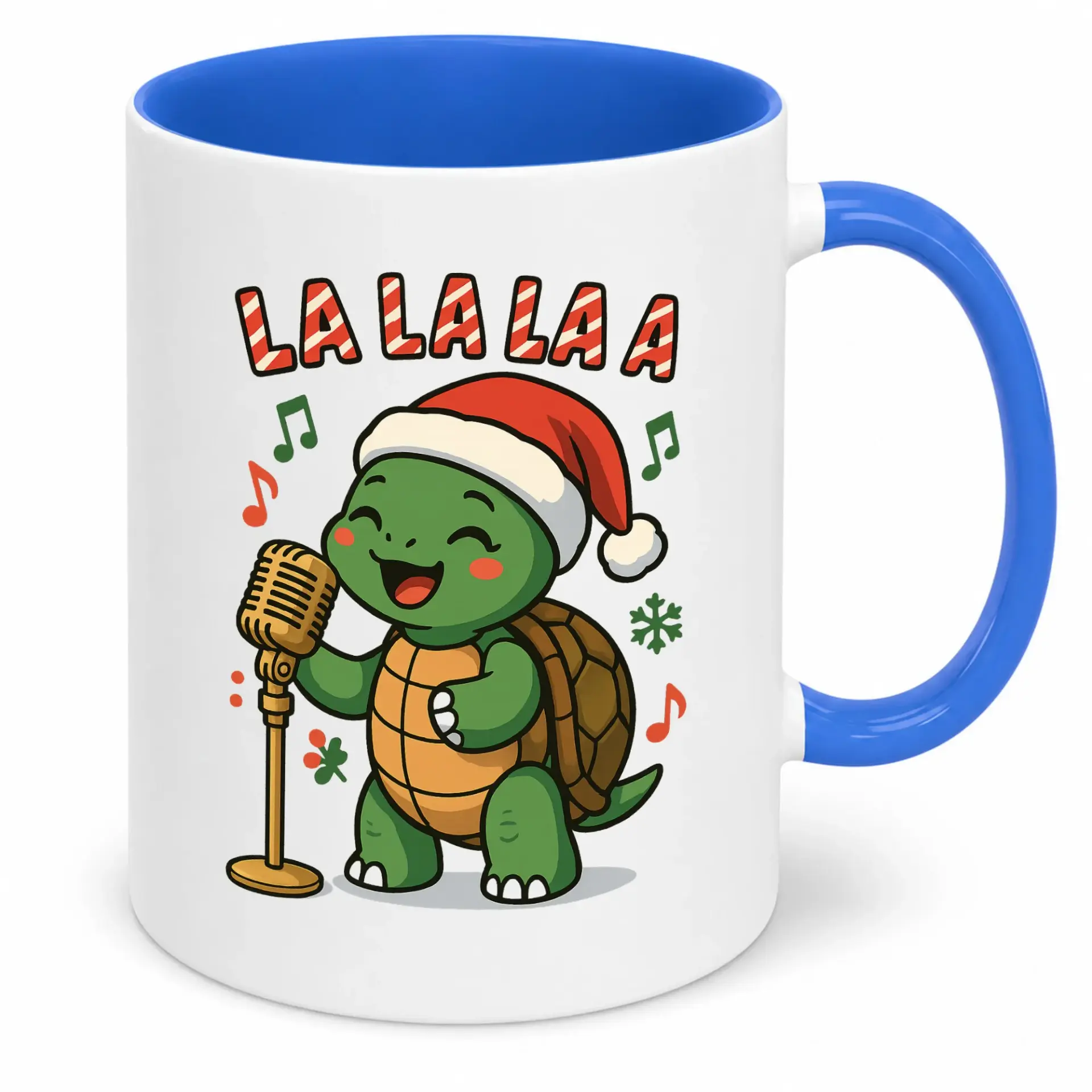 Funny Christmas Turtle Coffee Mug with Santa Hat and Microphone, Cute Holiday Animal Singing Ceramic Drinkware for Home or Office