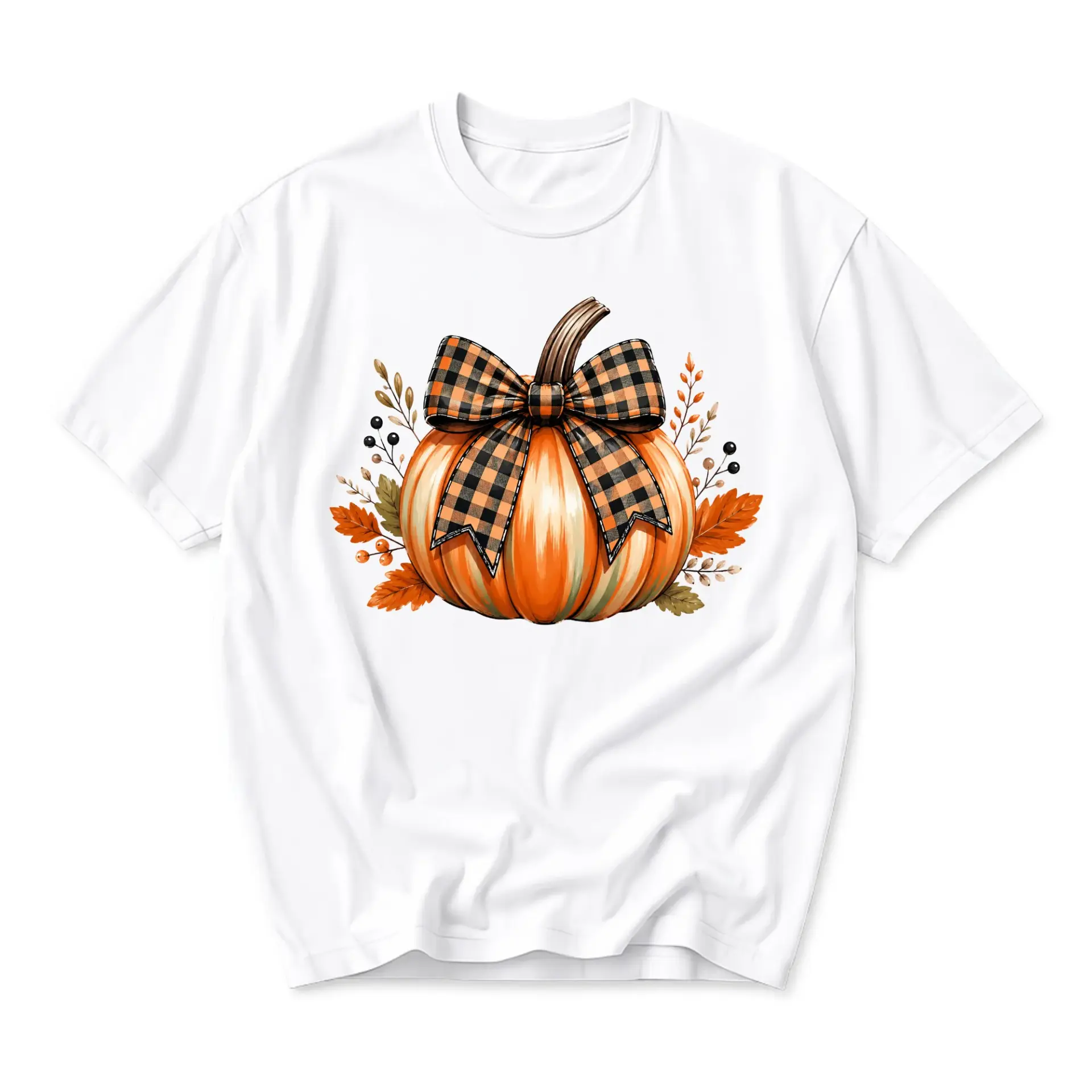 T-shirt Graphic Tee Featuring Festive Pumpkin with Plaid Bow and Autumn Leaves Design for Seasonal Casual Wear