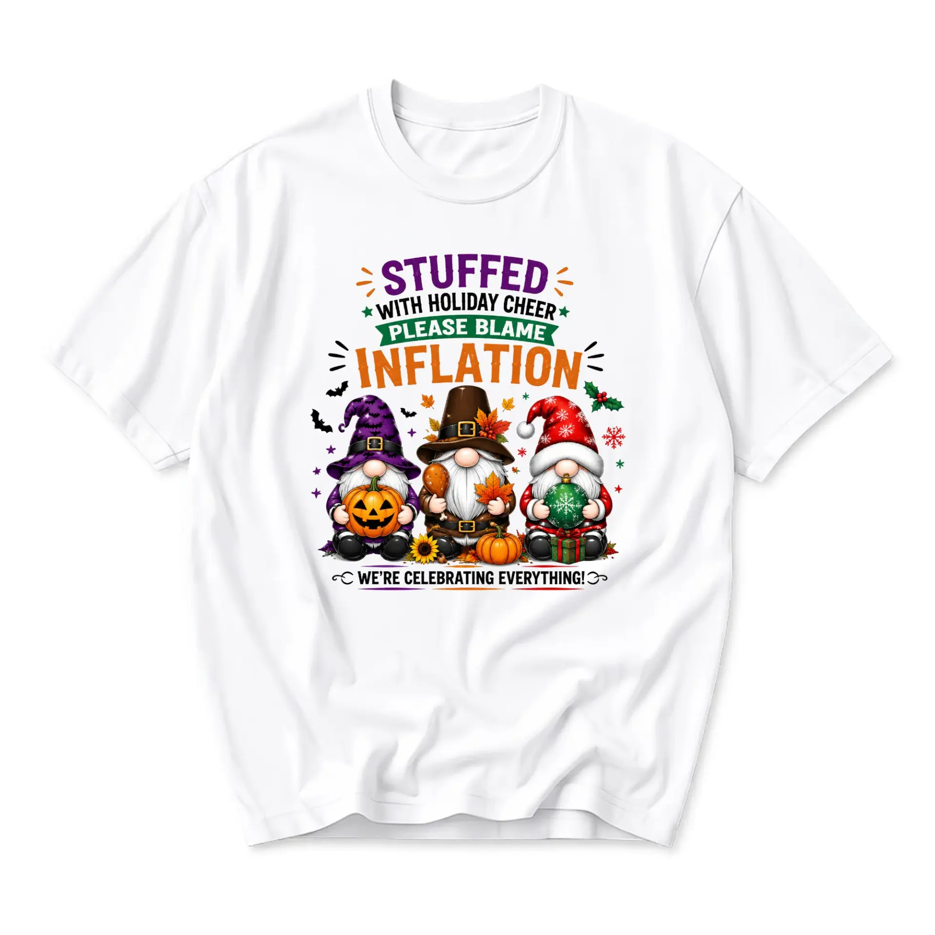 Funny Shirt Stuffed with Holiday Cheer Please Blame Inflation Graphic Tee Unisex Crew Neck Seasonal Celebration Top