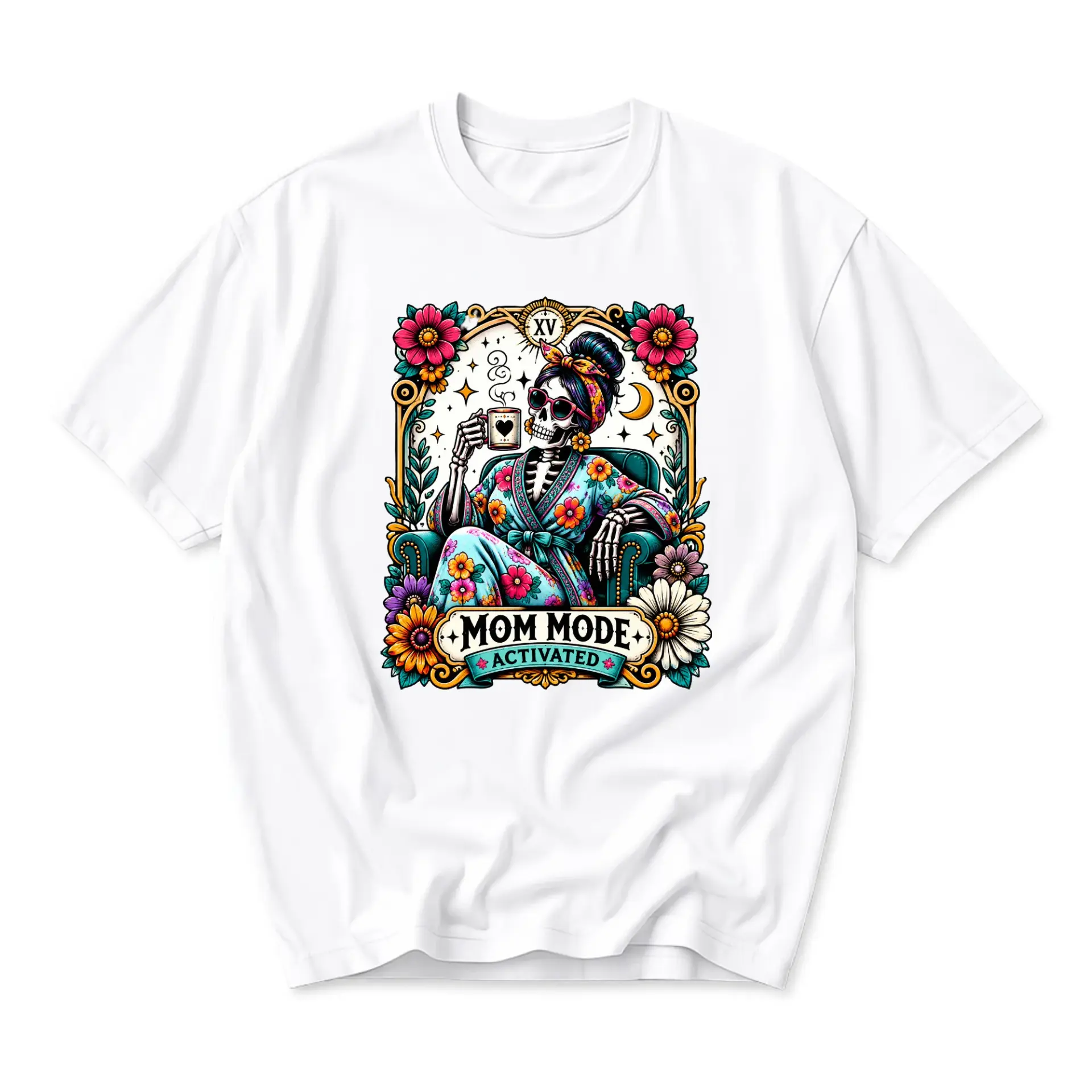 Funny Shirt Mom Mode Activated Graphic Tee Featuring Skeleton Relaxing in a Floral Robe with Coffee Cup Illustration