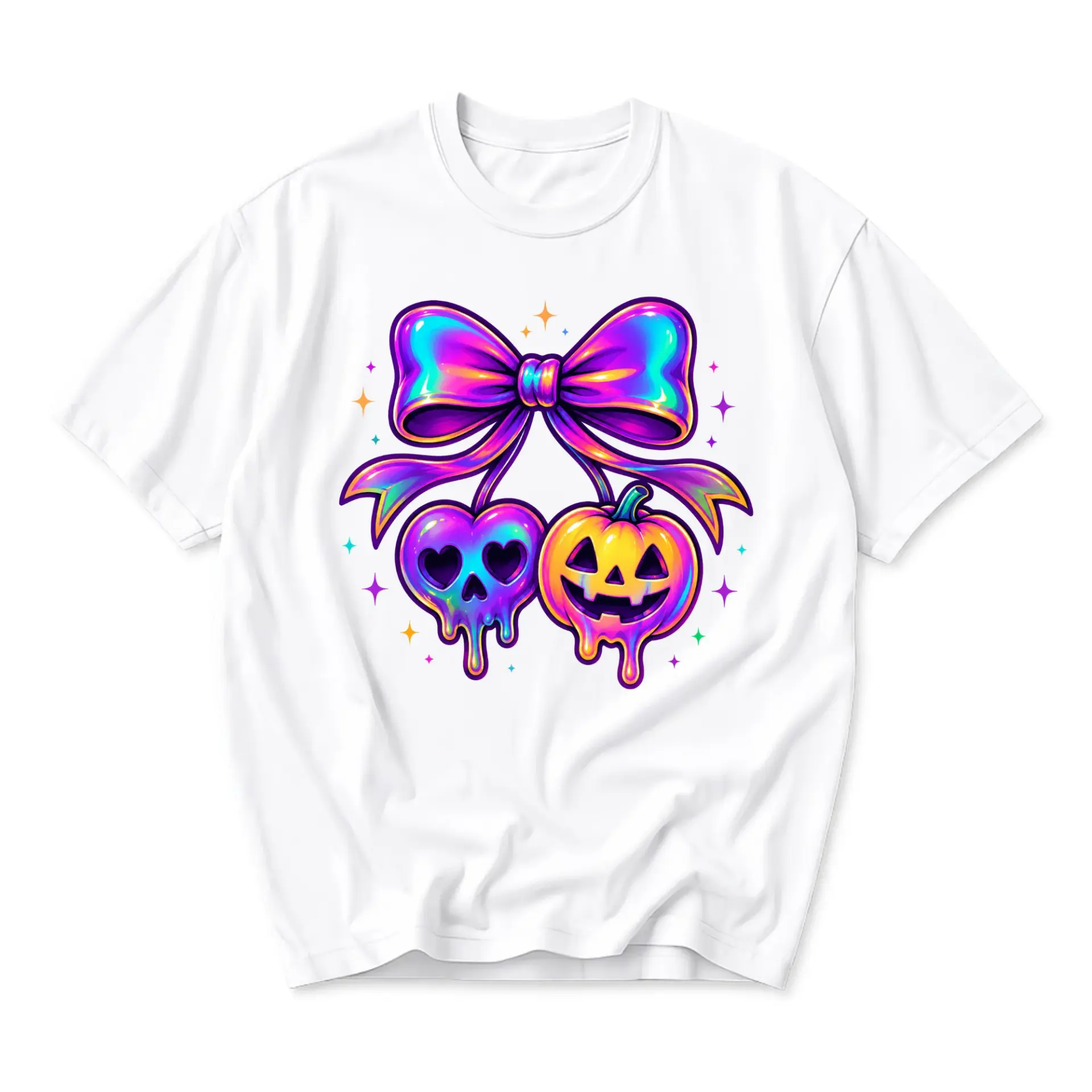 Graphic Tee Unisex Crew Neck T-Shirt Featuring Holographic Bow Skull and Pumpkin Illustration for Casual Wear