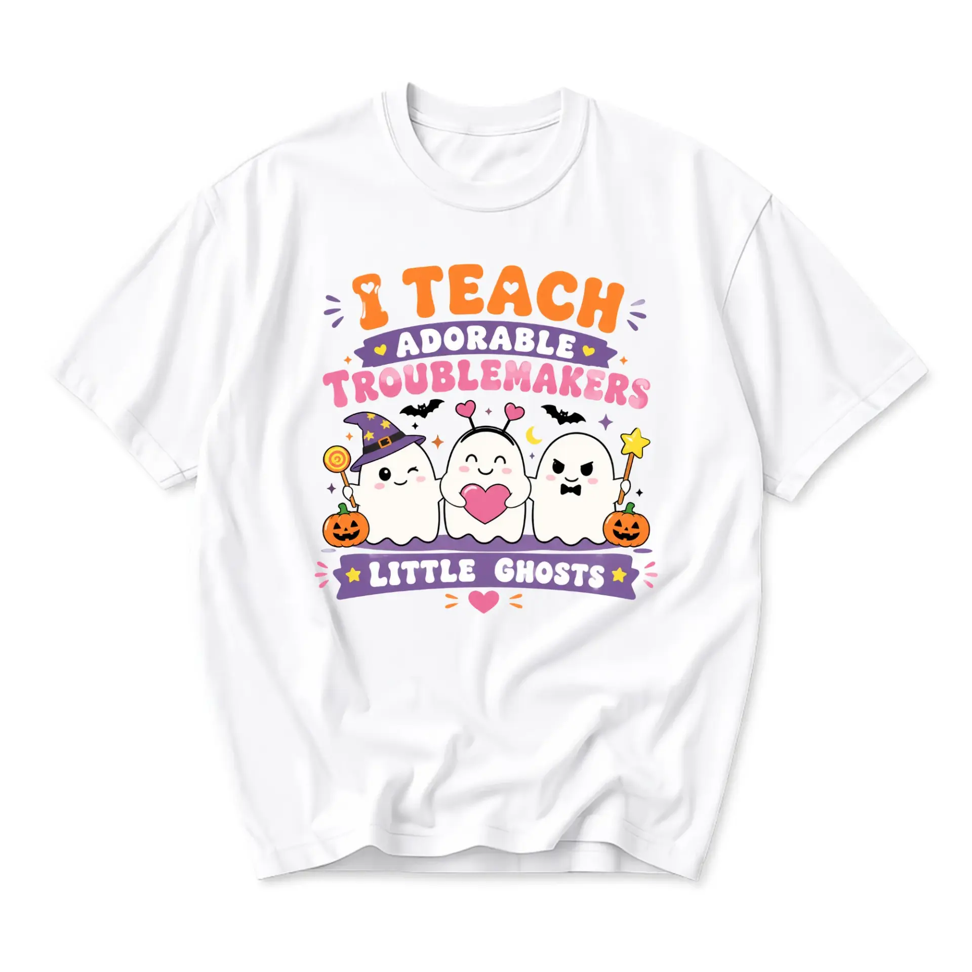 Funny Shirt I Teach Adorable Troublemakers Little Ghosts Graphic Tee Unisex Casual Apparel for Autumn Season