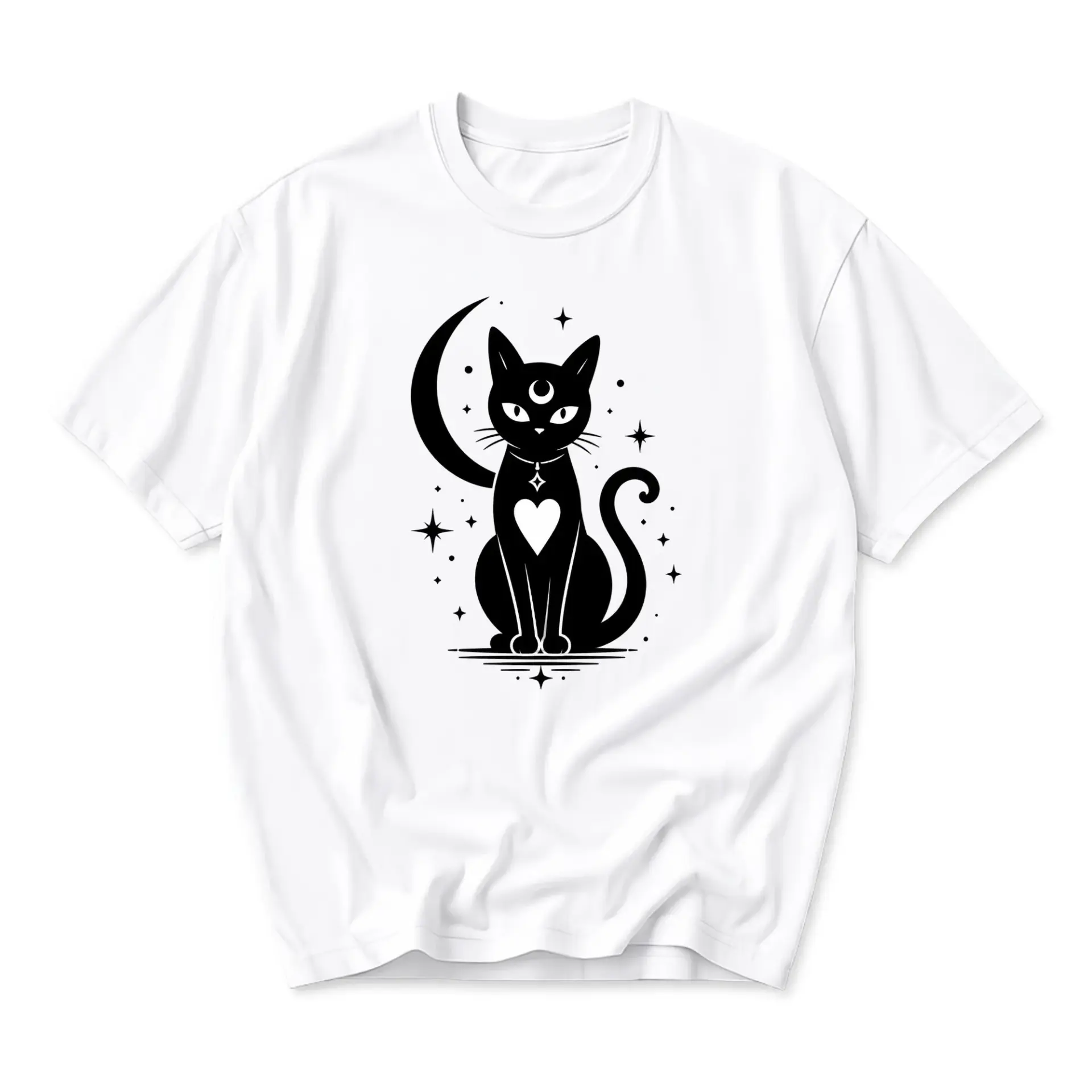 Graphic Tee Celestial Black Cat Design Short Sleeve Unisex Crew Neck Casual Cotton Blend Apparel for Everyday Wear