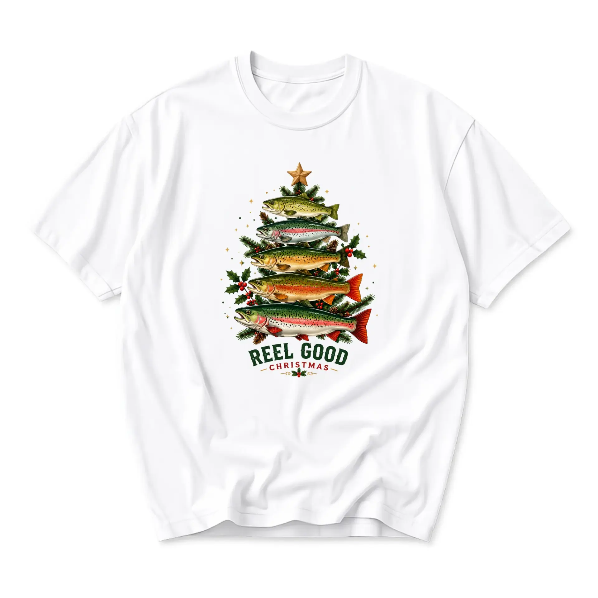 Funny Shirt Reel Good Christmas Fishing Graphic Tee Unisex Short Sleeve Crew Neck Holiday Casual Apparel White