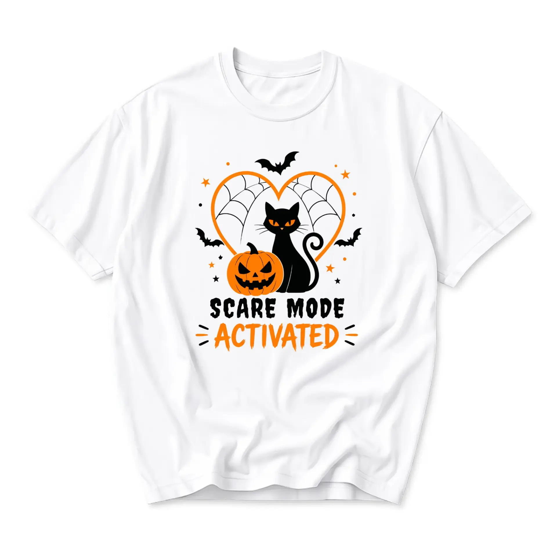 Graphic Tee Scare Mode Activated Black Cat Pumpkin Halloween Shirt Unisex Crew Neck Casual Cotton Blend Top Apparel