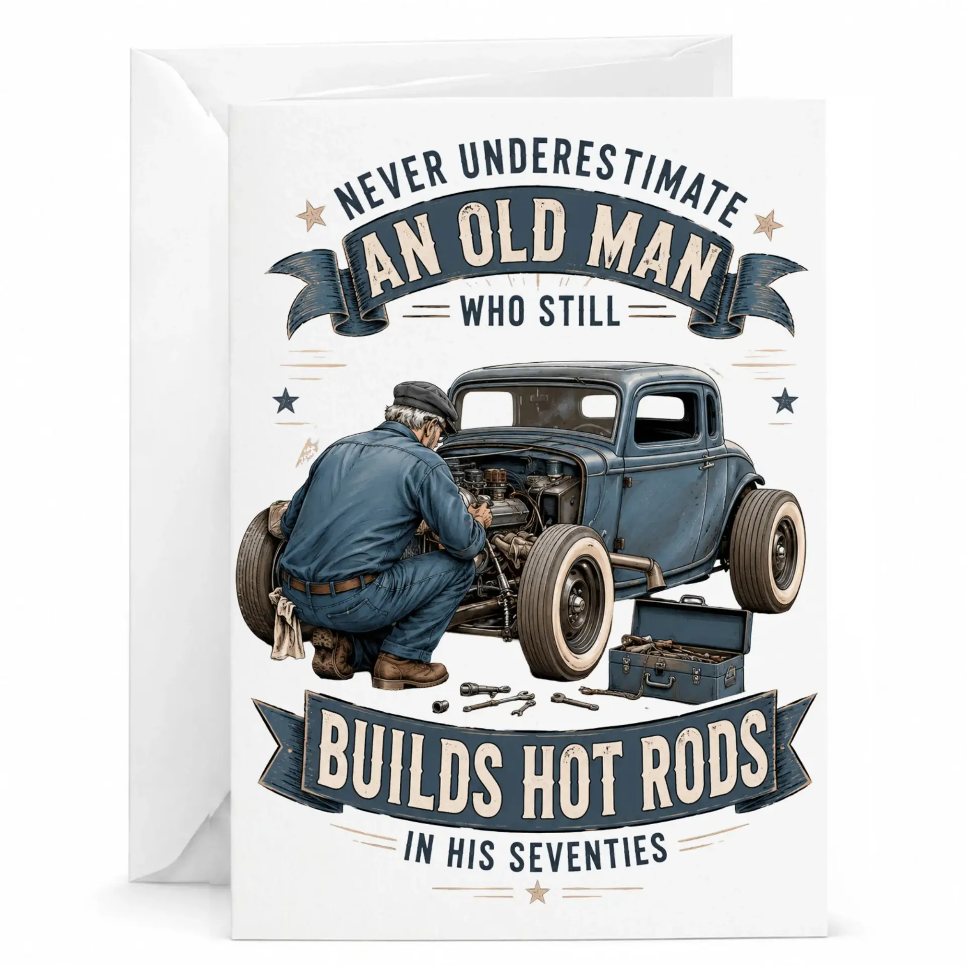 Funny Greeting Card for Older Men Enthusiast Birthday or Retirement Gift Idea Classic Car Mechanic Art