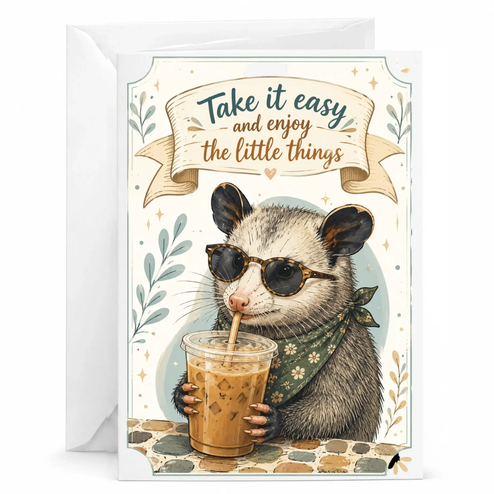 Funny Opossum Greeting Card Take It Easy Little Things Design Cute Animal Art Stationery Blank Note for All Occasions