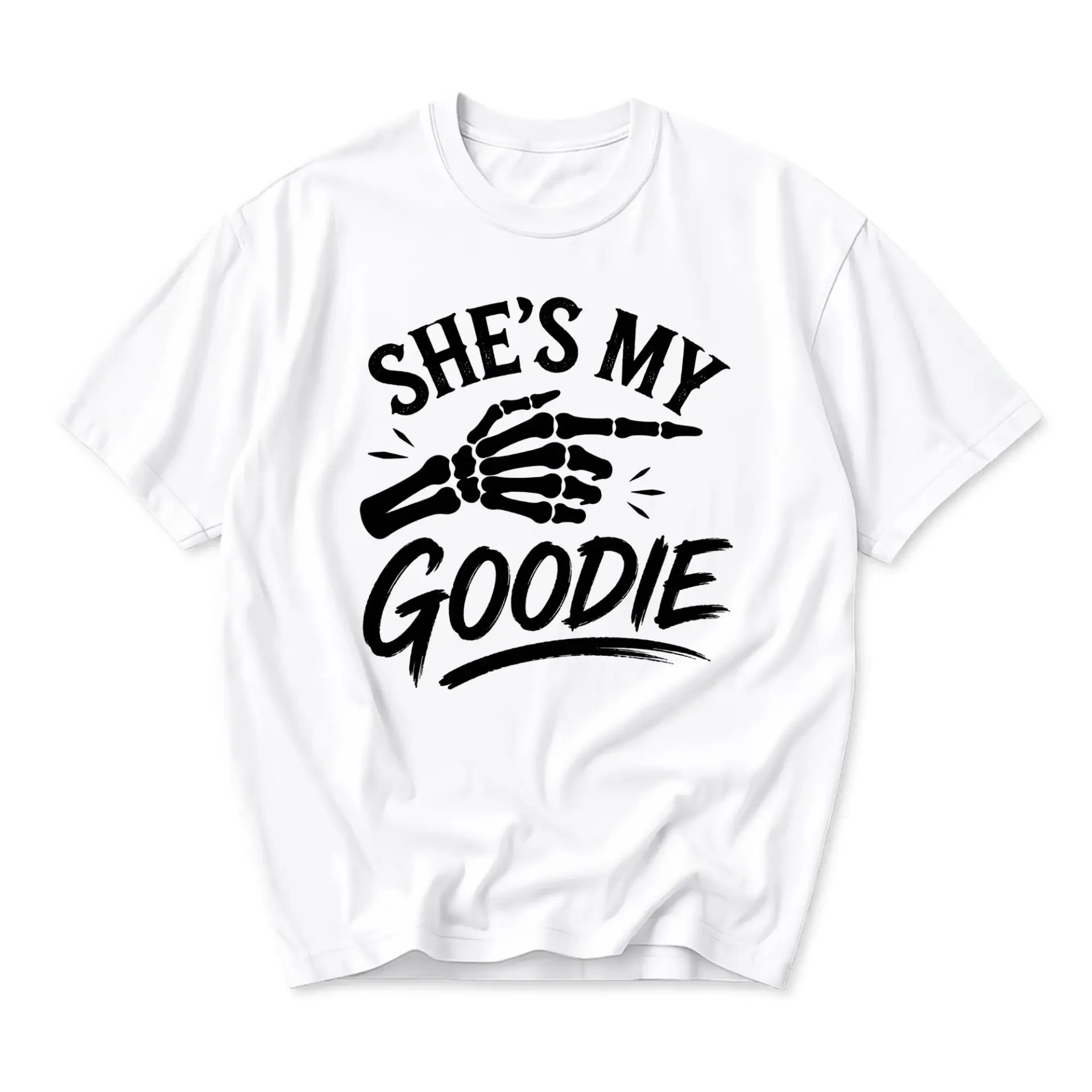 Graphic Tee She Is My Goodie Skeleton Finger Pointing Unisex Crew Neck Soft Cotton Blend Casual Short Sleeve Shirt