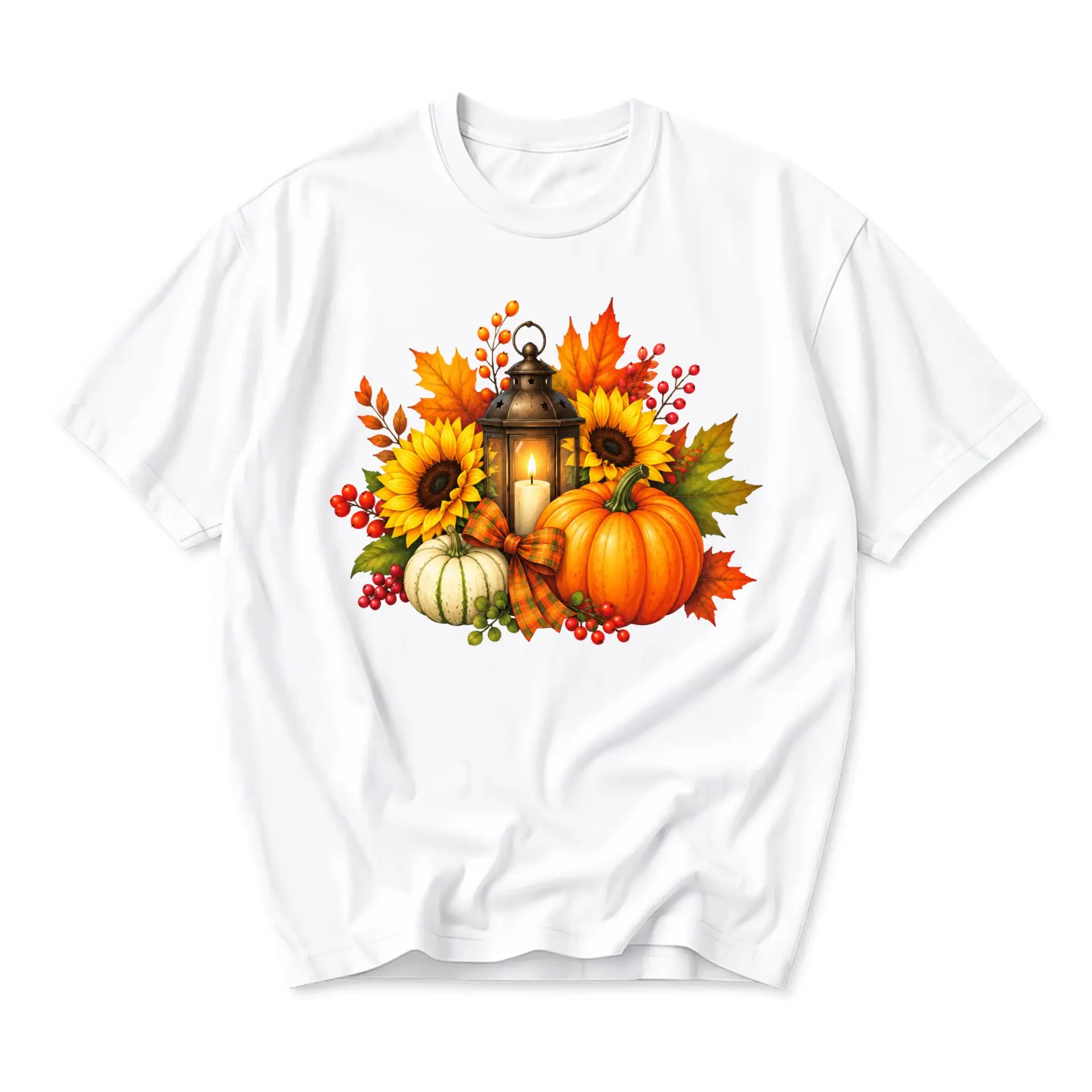 Graphic Tee Autumn Harvest Pumpkin and Sunflower Lantern Art Print Unisex Crew Neck Casual Cotton Blend Short Sleeve Shirt