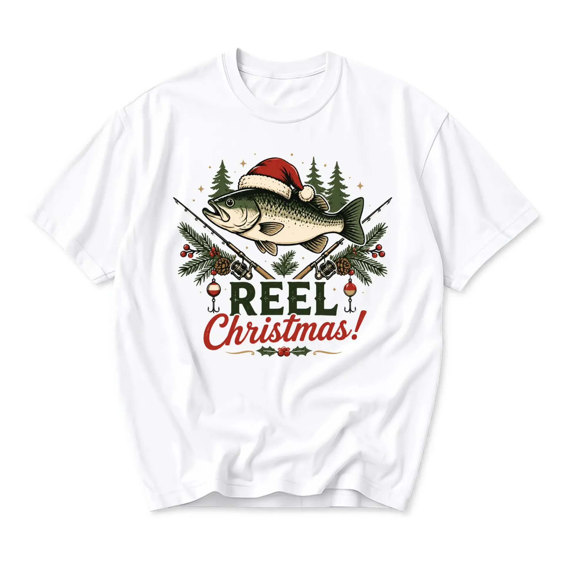 Funny Shirt Reel Christmas Fishing Graphic Tee Holiday Season Unisex Crew Neck Casual Wear Soft Cotton Apparel White